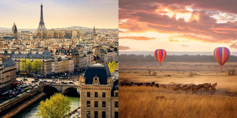 The Eiffel Tower and the Serengeti's hot air balloons - connected by international flight routes to Africa.