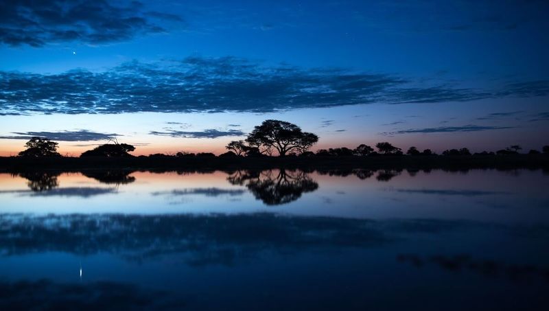 Magnifique coucher de soleil bleu sur le fleuve Zambèze au Zimbabwe.