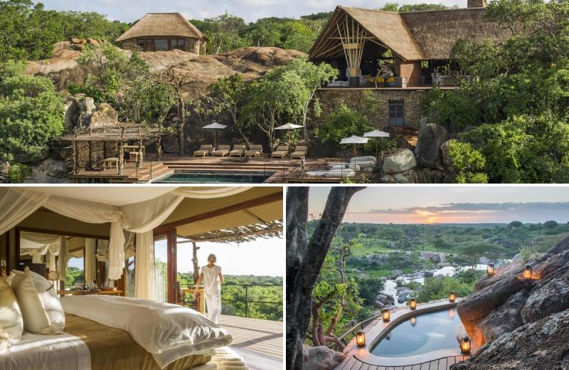 Stone-and-thatch suites, an infinity pool carved into granite, and lantern-lit plunge pools overlooking riverine bush capture the intimate wilderness setting of Luxury safari lodges in Tanzania’s southern Serengeti.