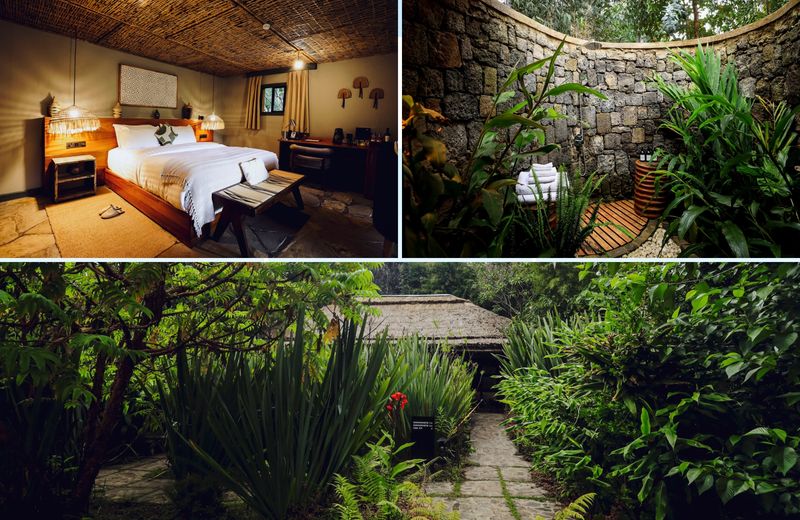 Contemporary suite and outdoor shower at Sambora Kinigi Lodge near Volcanoes National Park