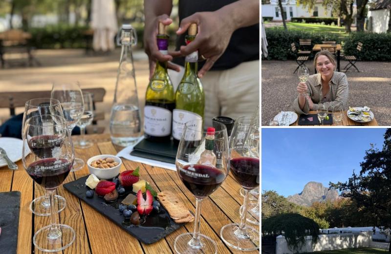 A collage shows a relaxed wine tasting with glasses, local bites, and vineyard views, paired with sunlit farm courtyards and mountain backdrops during a South African honeymoon.