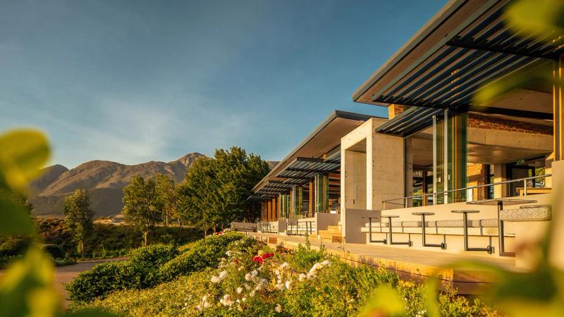 The restaurant looks out over the Franschhoek mountains and wine valley