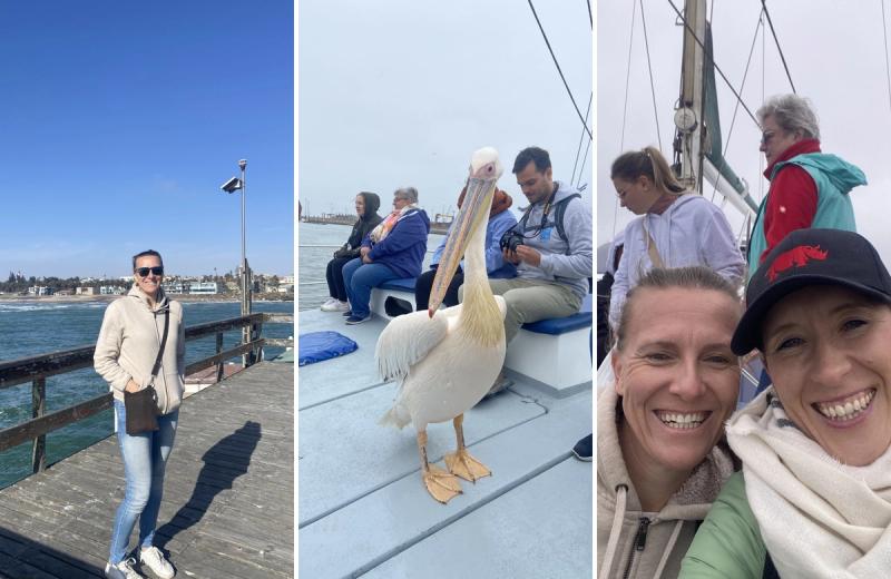 Peggy exploring Swakopmund and Walvis Bay, including a catamaran cruise with pelicans along Namibia's Atlantic coast.