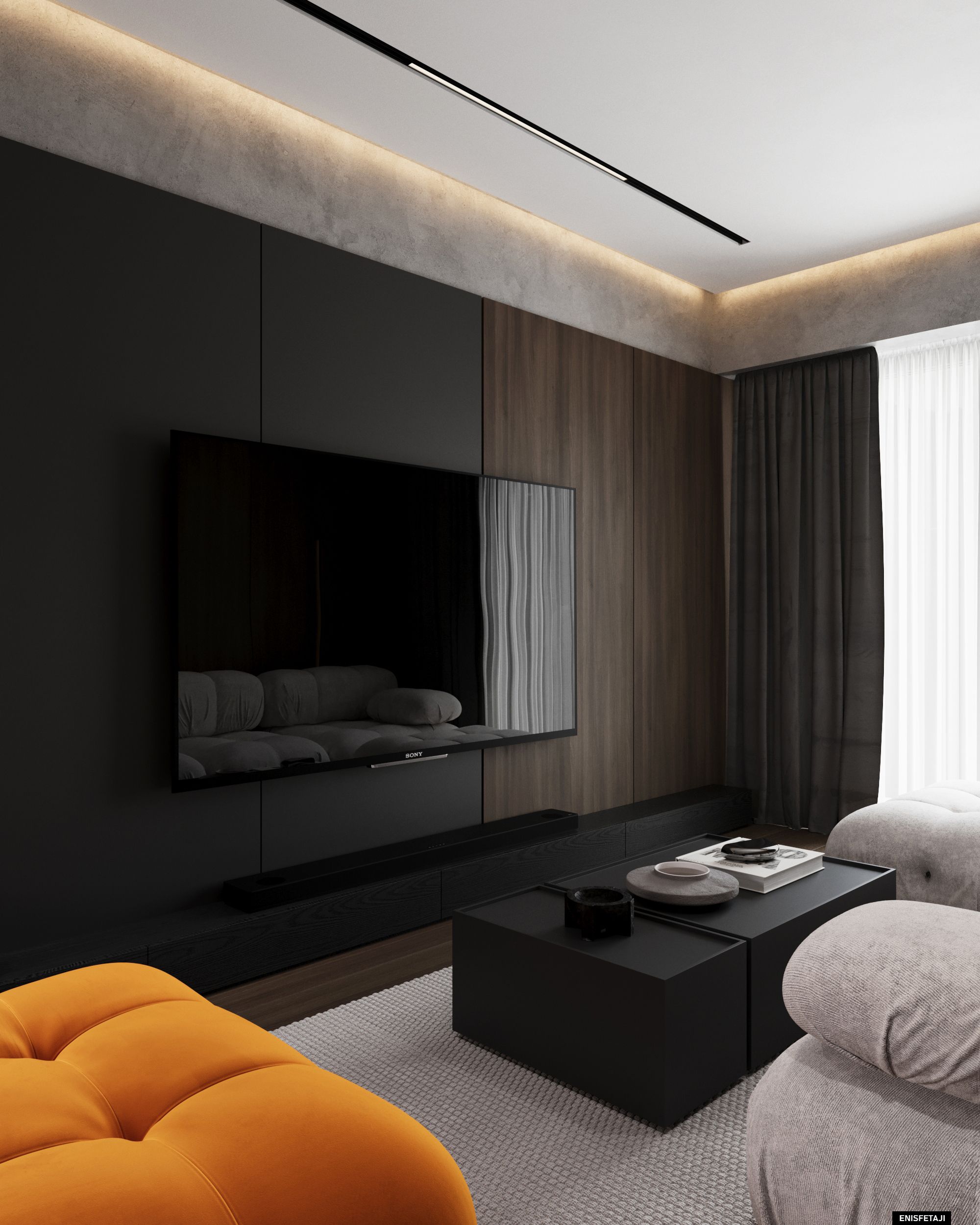 Black TV wall and coffee table with orange and white seating, apartment SK65 in Skopje