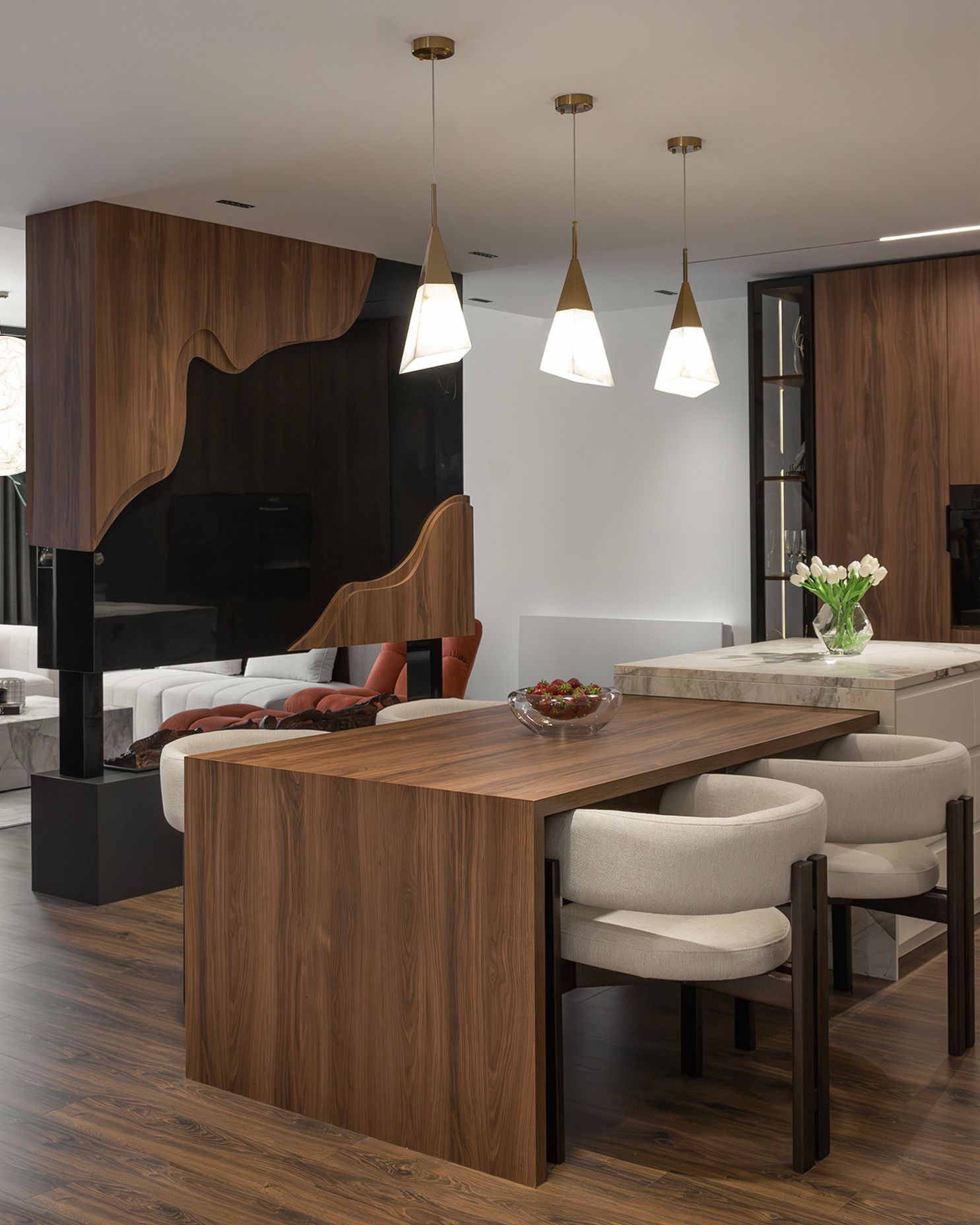 Walnut dining table with cream chairs and pendant lights, SZ apartment in Gostivar