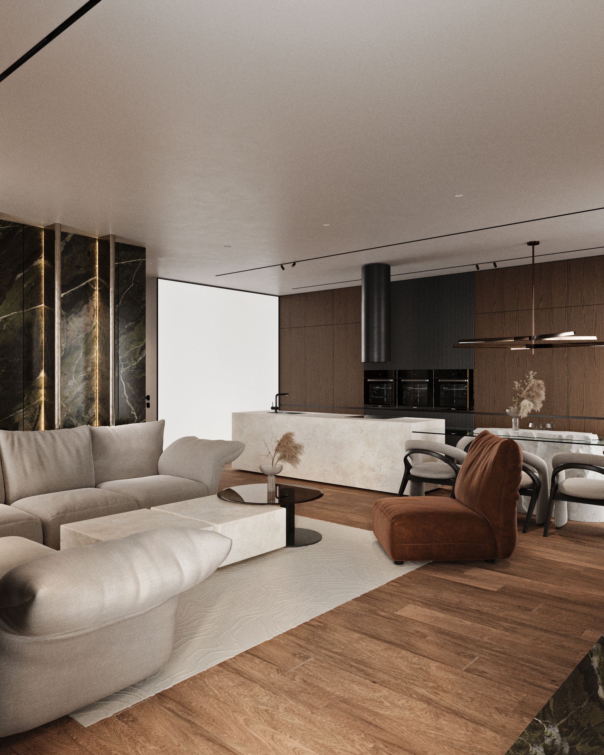 Open living and kitchen area with green marble panels, Shega19 house in Tetovo