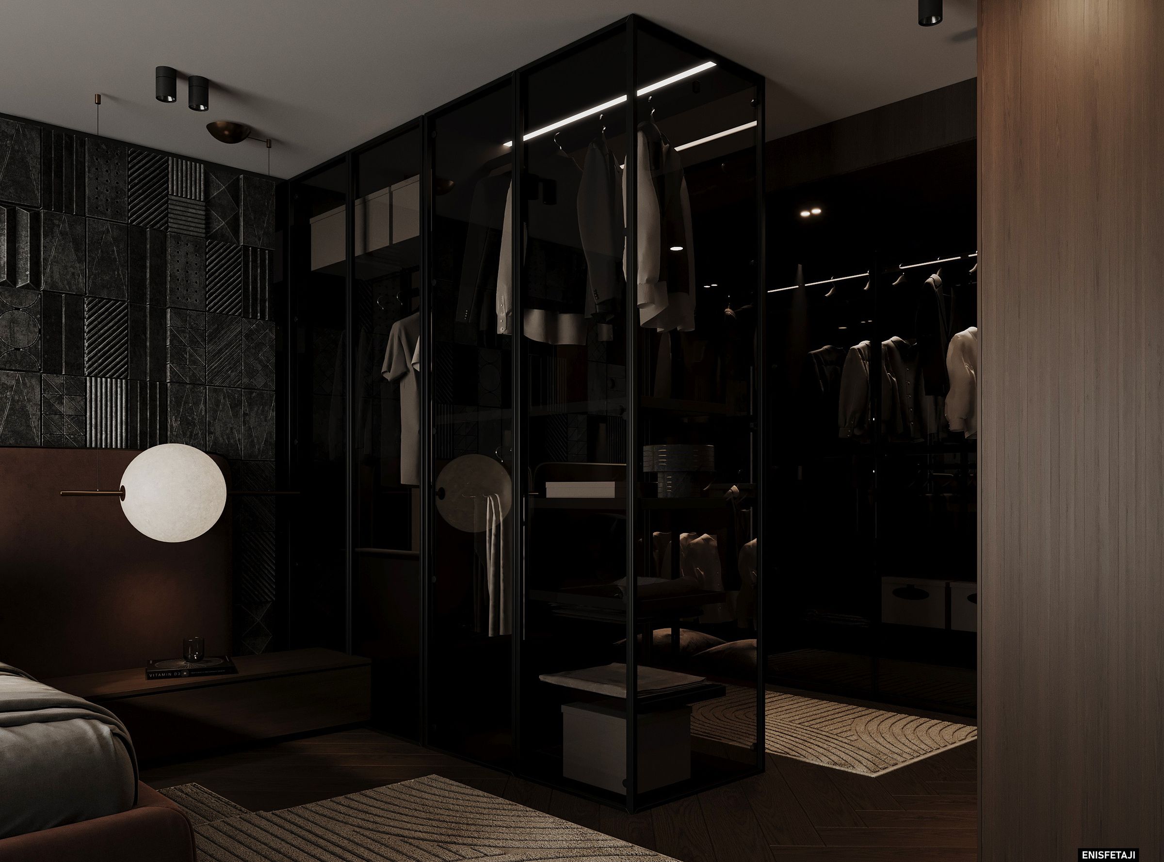 Walk-in wardrobe with glass doors next to the bedroom, residence in Prilep