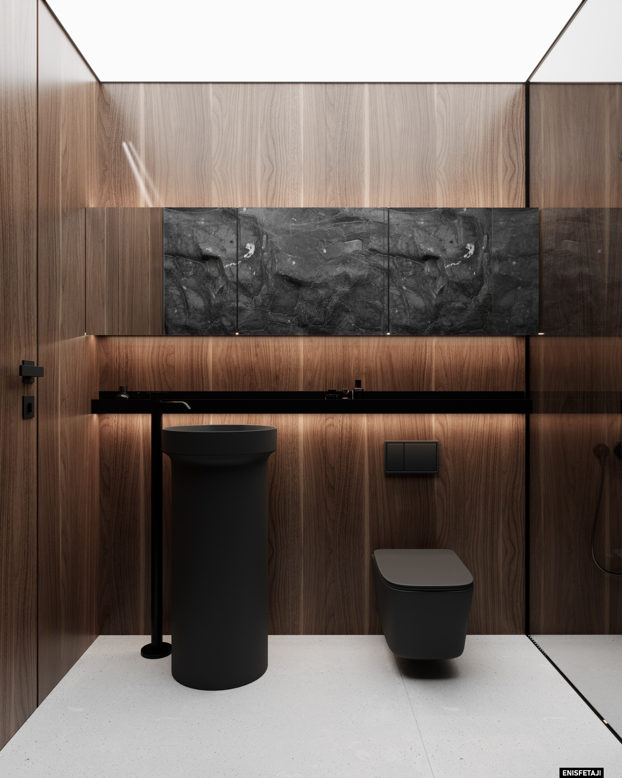 Spa bathroom with black basin, wood walls and stone panel, residence in Goldach, Switzerland