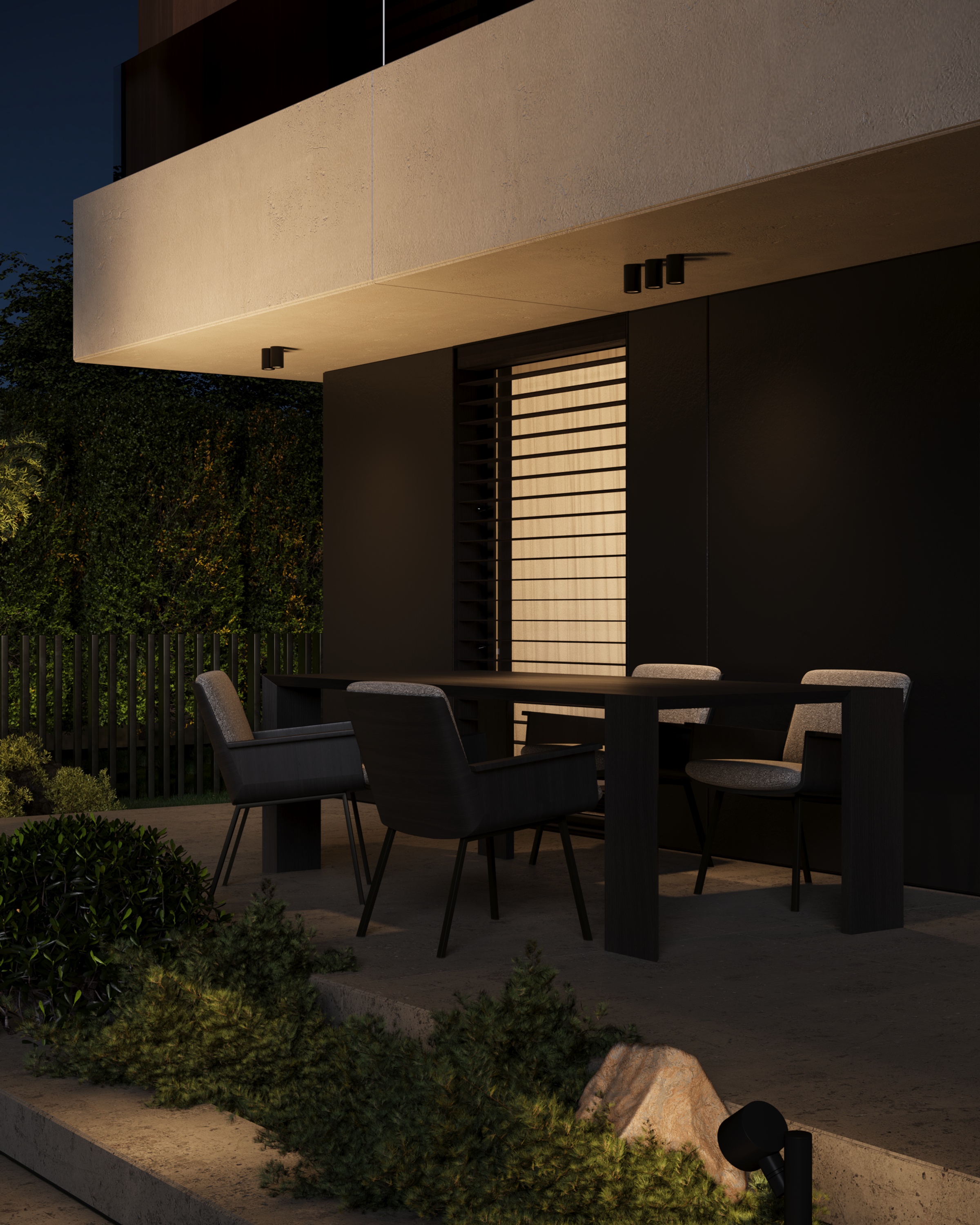 Covered terrace with dining table in the evening, B House in Gostivar