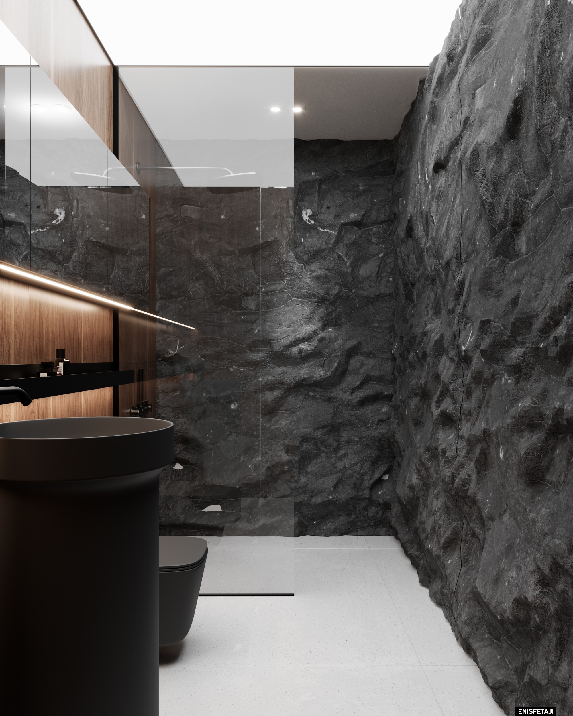 Shower with black rock wall and glass partition, residence in Goldach, Switzerland
