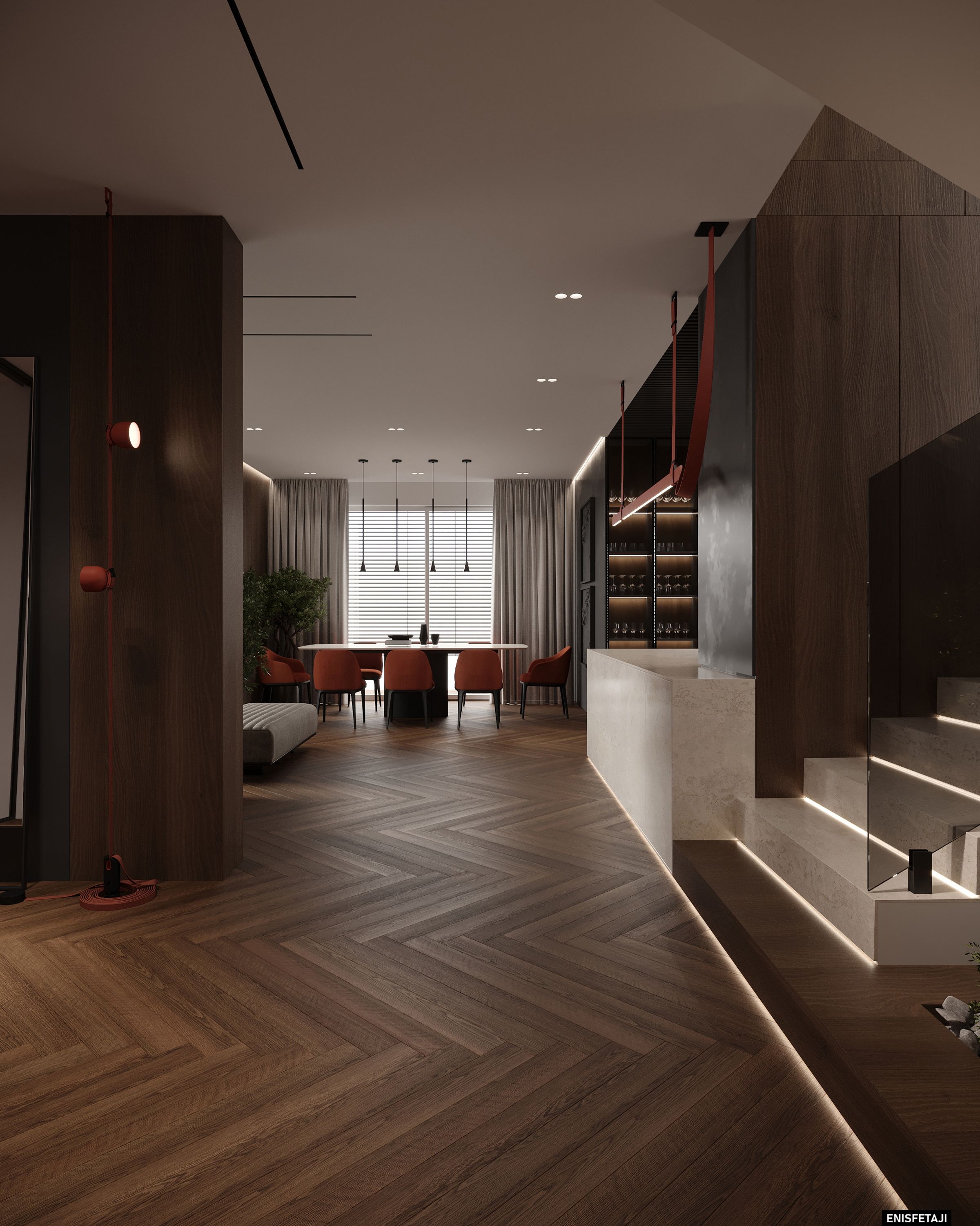 Hallway with herringbone floor leading to the dining area, M24 house in Gostivar
