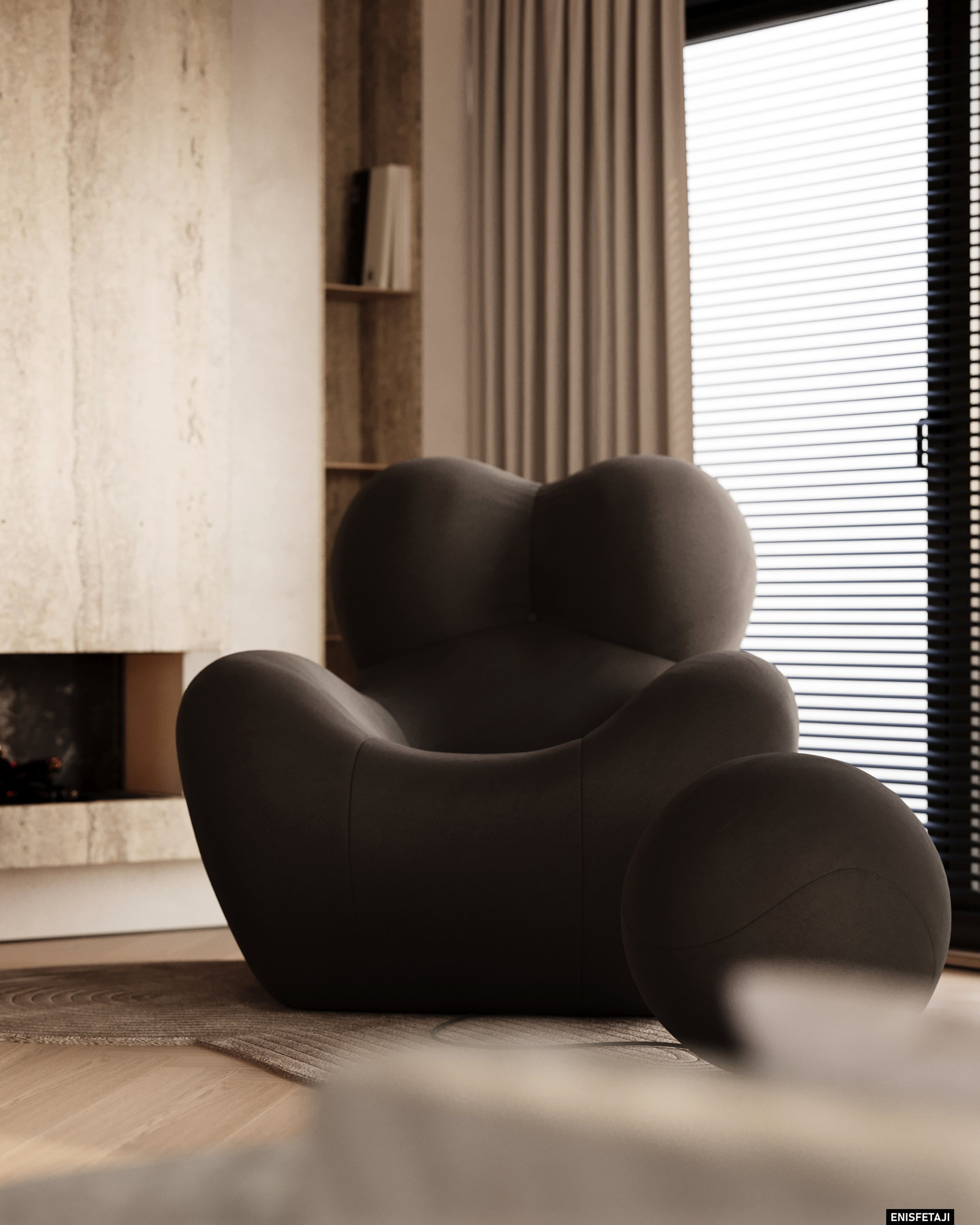 Sculptural brown armchair in front of a travertine fireplace, Cream House in Gostivar