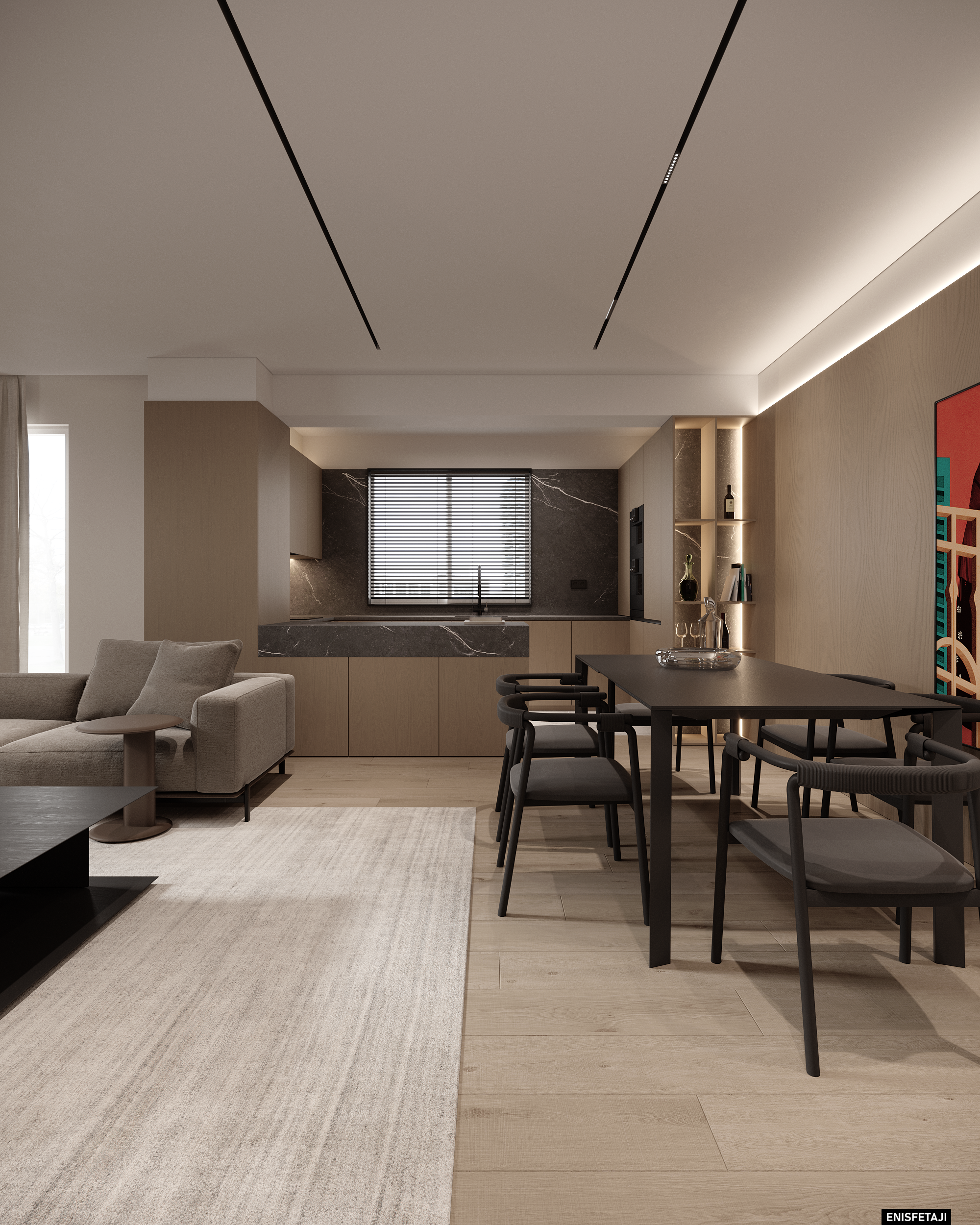 Open living and dining area with dark marble kitchen, apartment GV75 in Gostivar