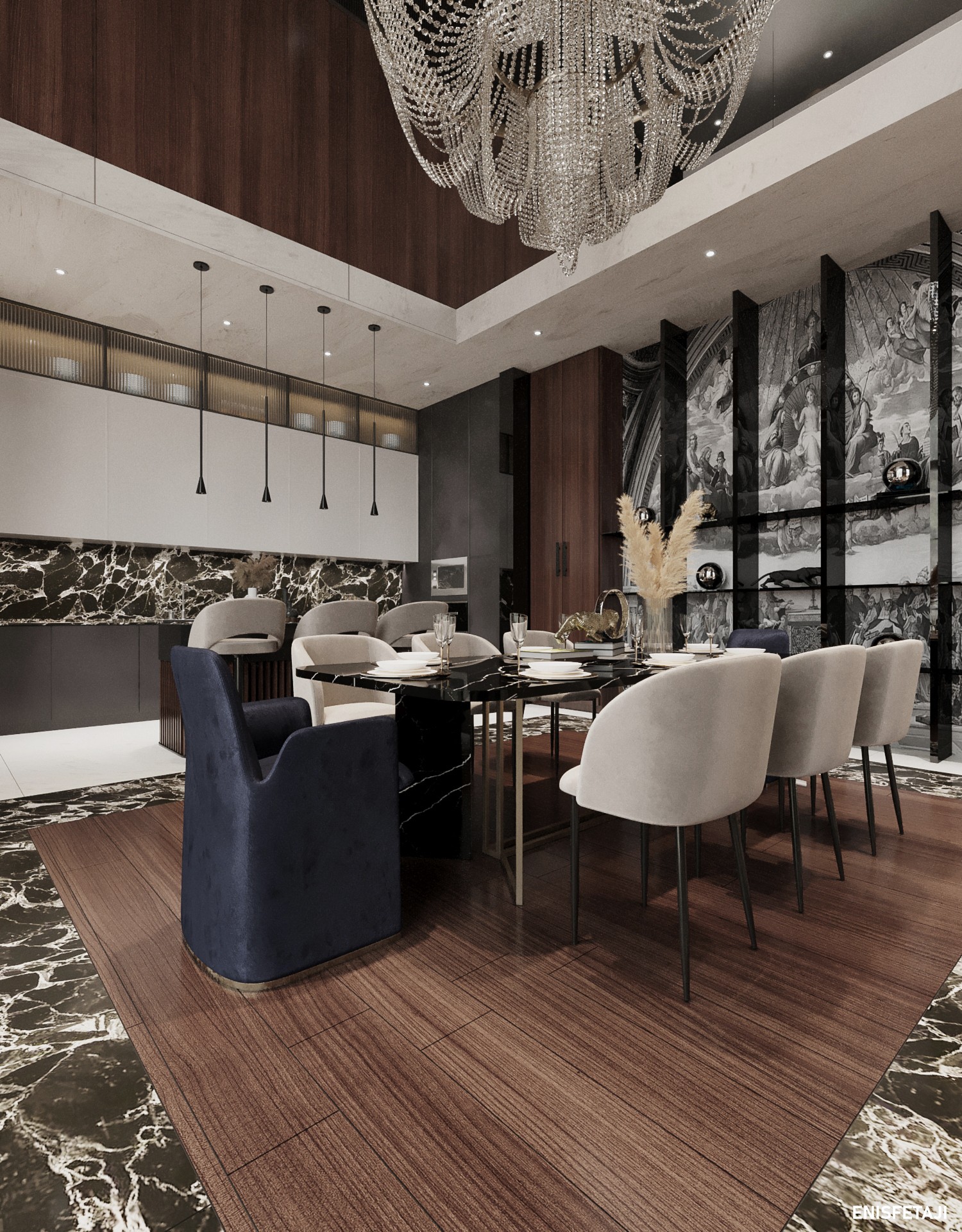 Dining table with navy and beige chairs under a crystal chandelier, luxury residence in Belgrade