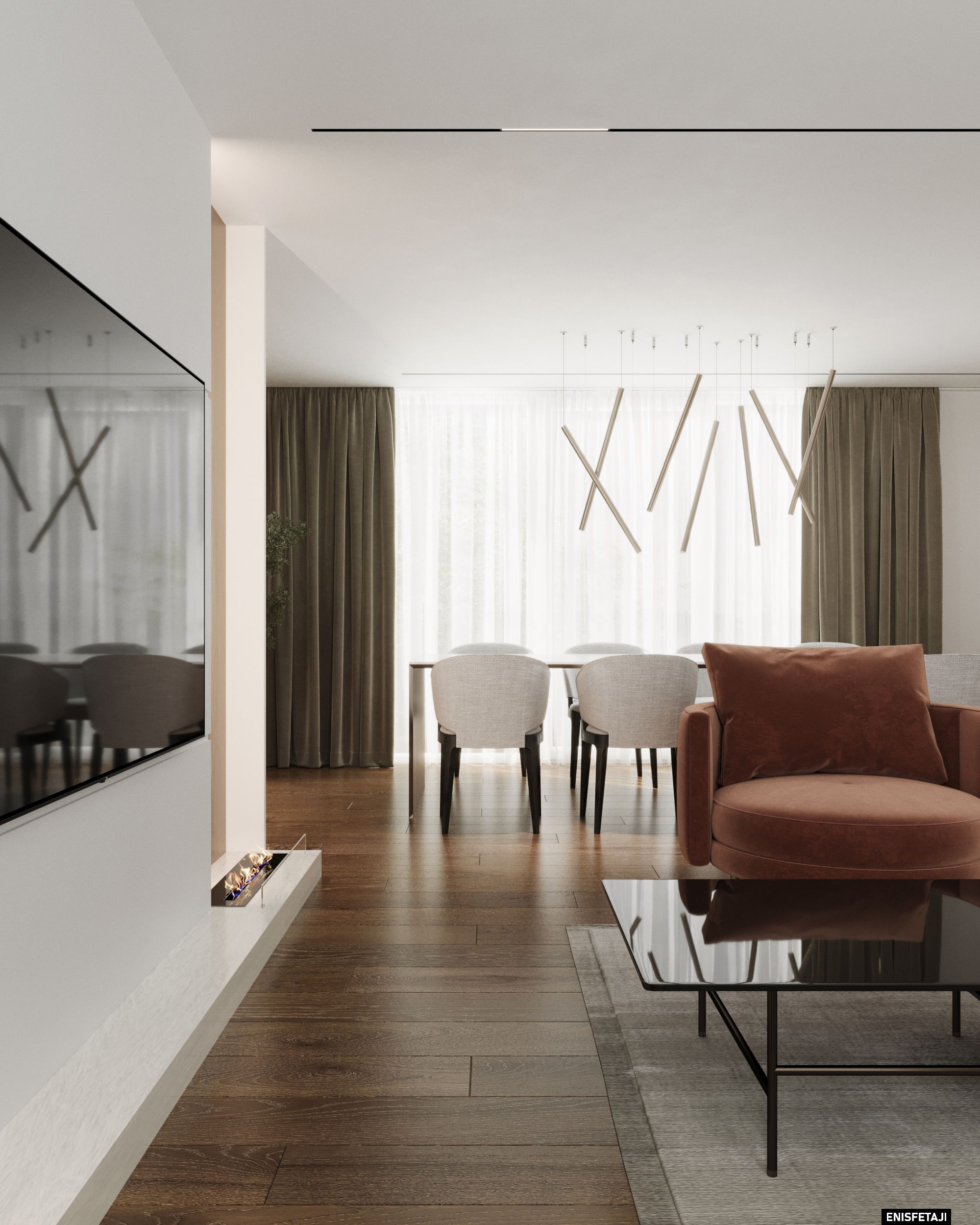 Open living and dining area with fireplace, residence in Goldach, Switzerland