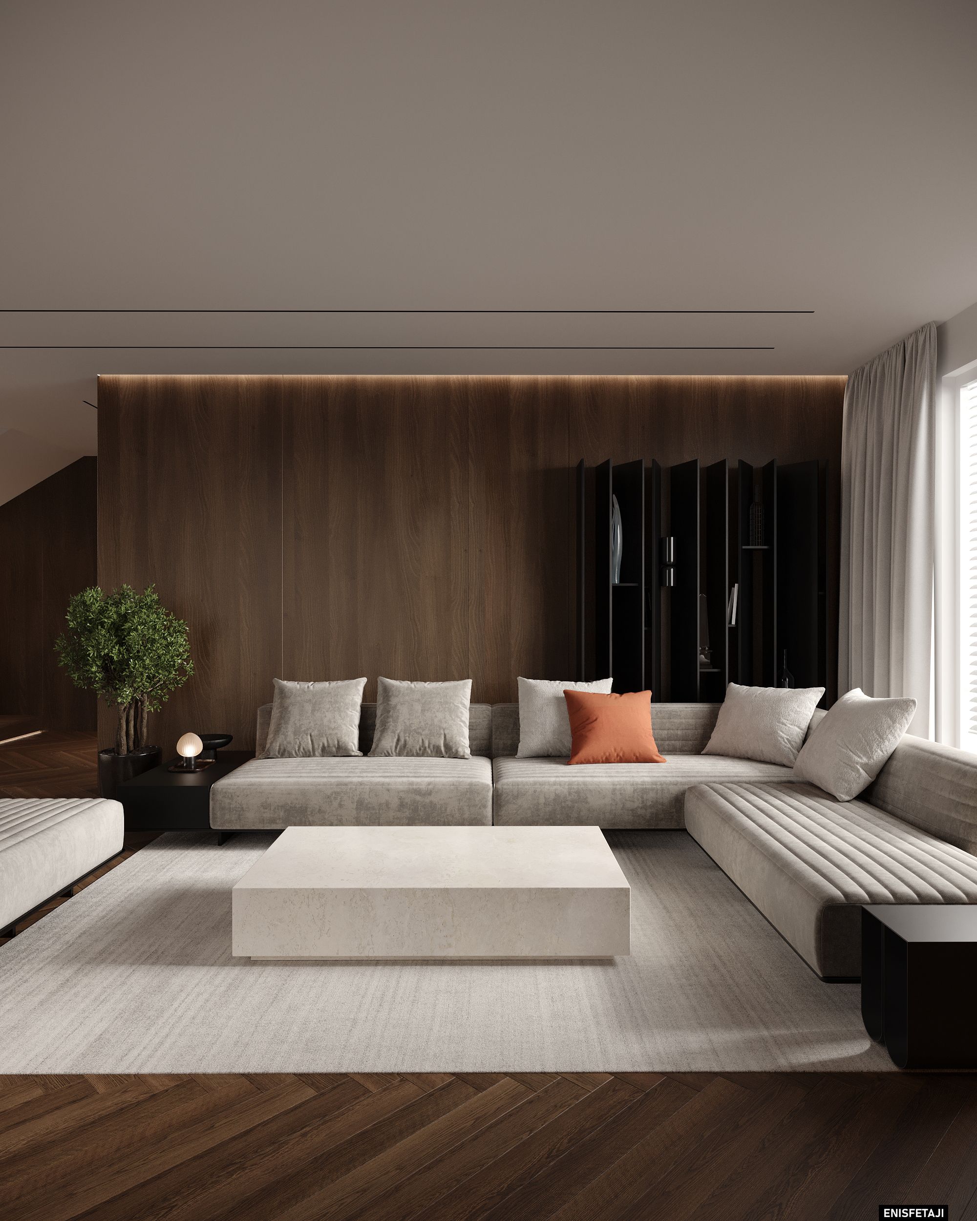Living room with grey sofa, orange cushions and dark wood wall, M24 house in Gostivar