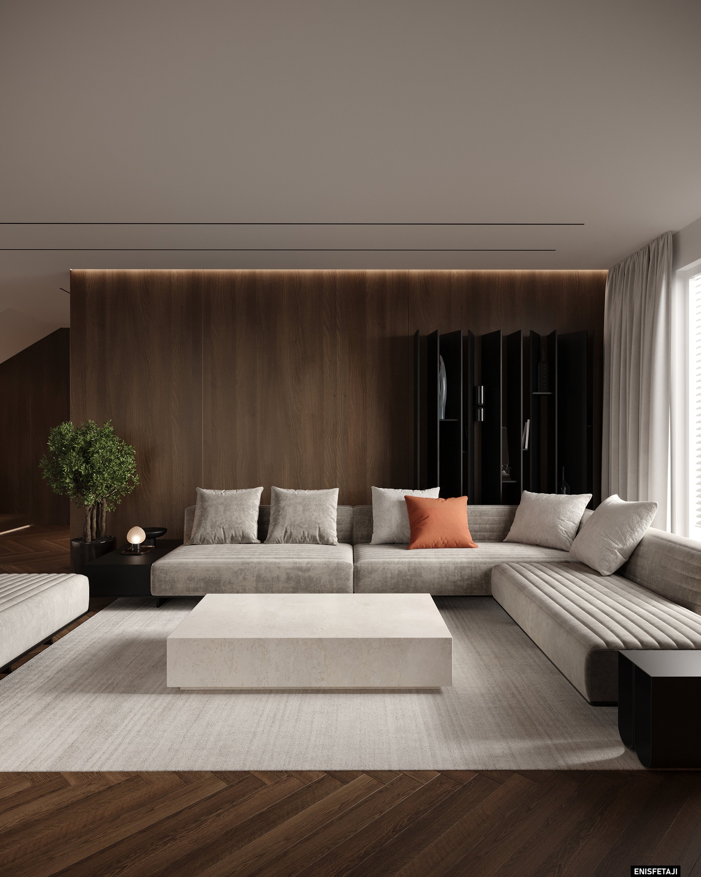 Living room with grey sofa, orange cushions and dark wood wall, M24 house in Gostivar