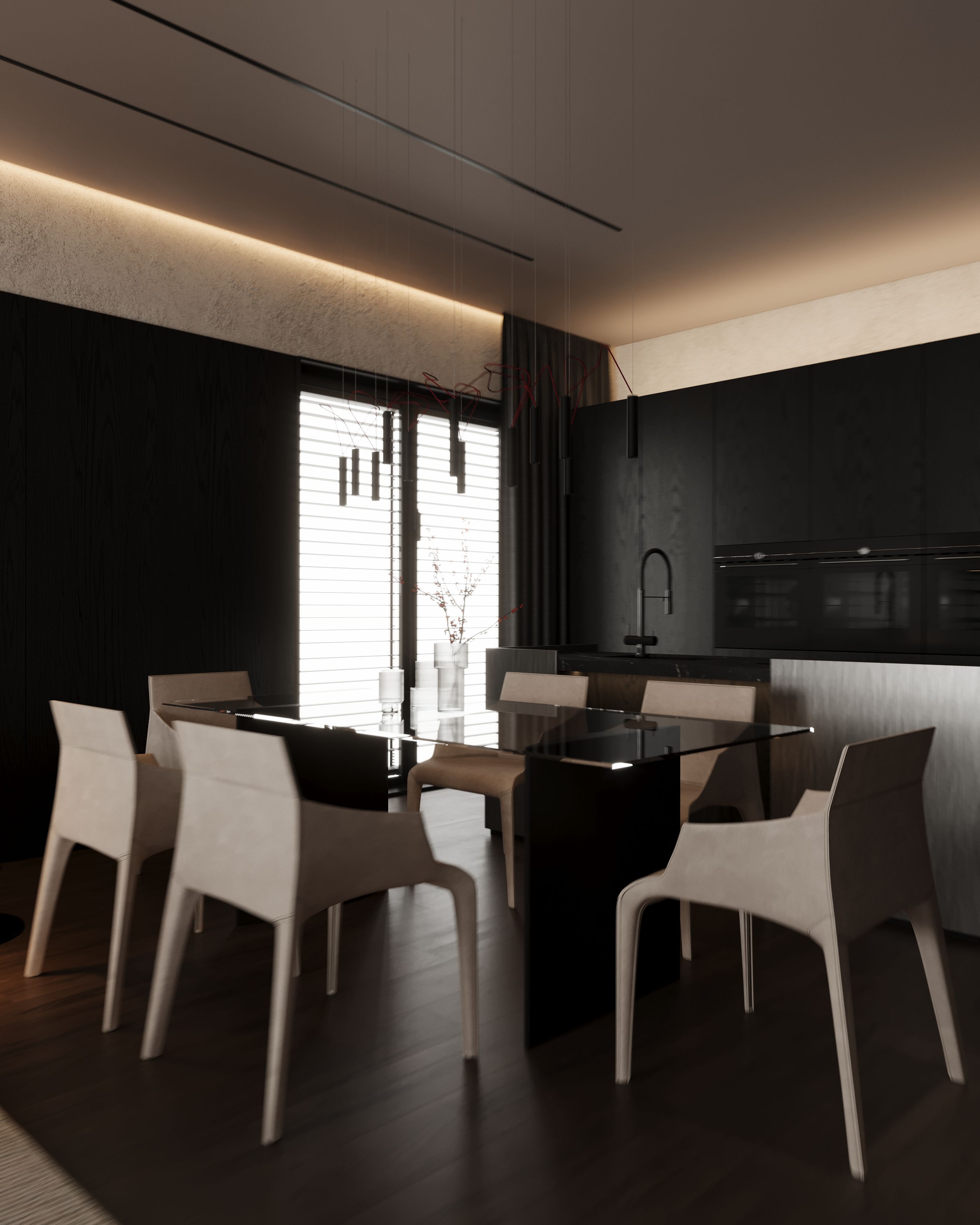 Dining table with white chairs in front of a black kitchen, Dark One apartment in Tetovo