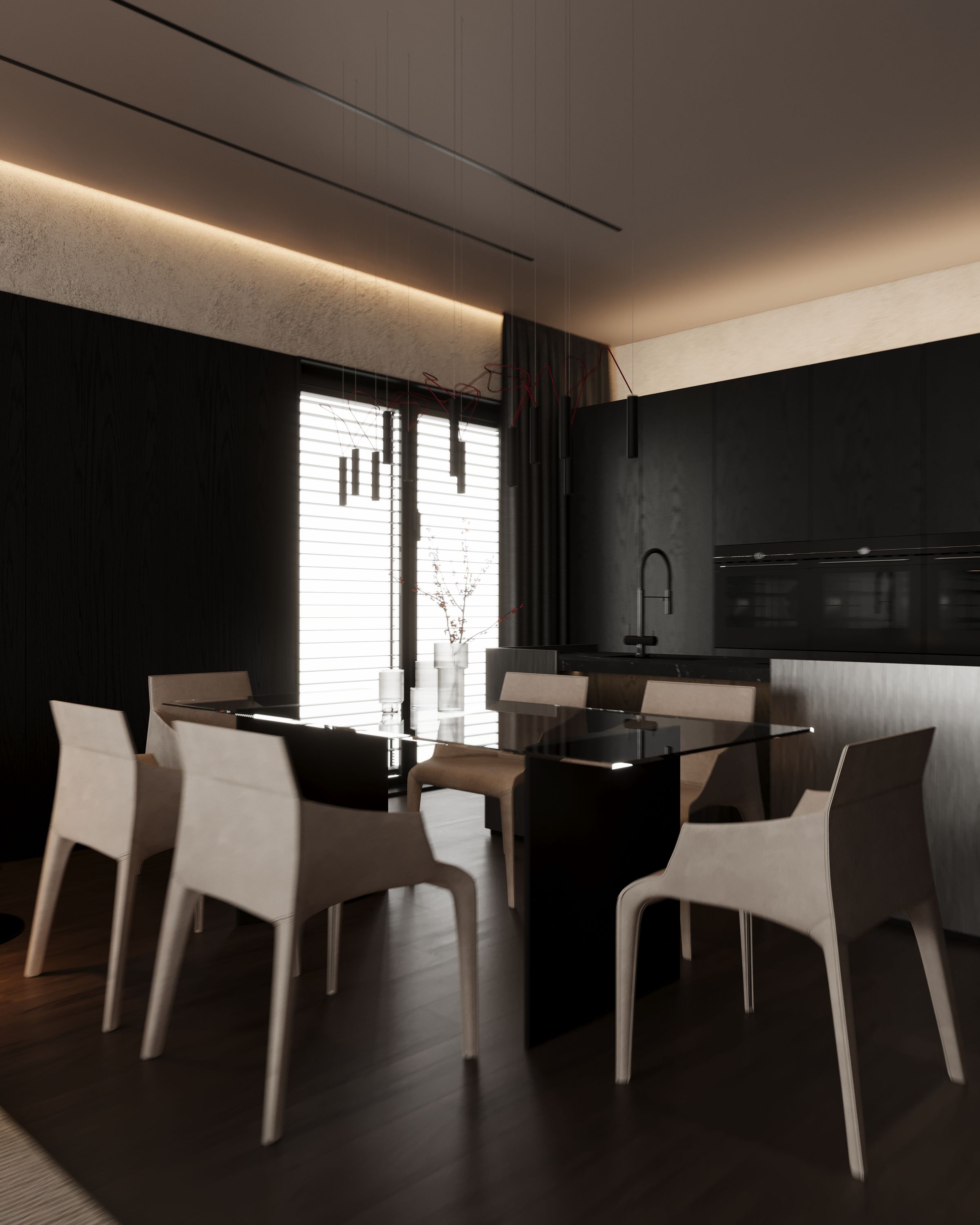 Dining table with white chairs in front of a black kitchen, Dark One apartment in Tetovo