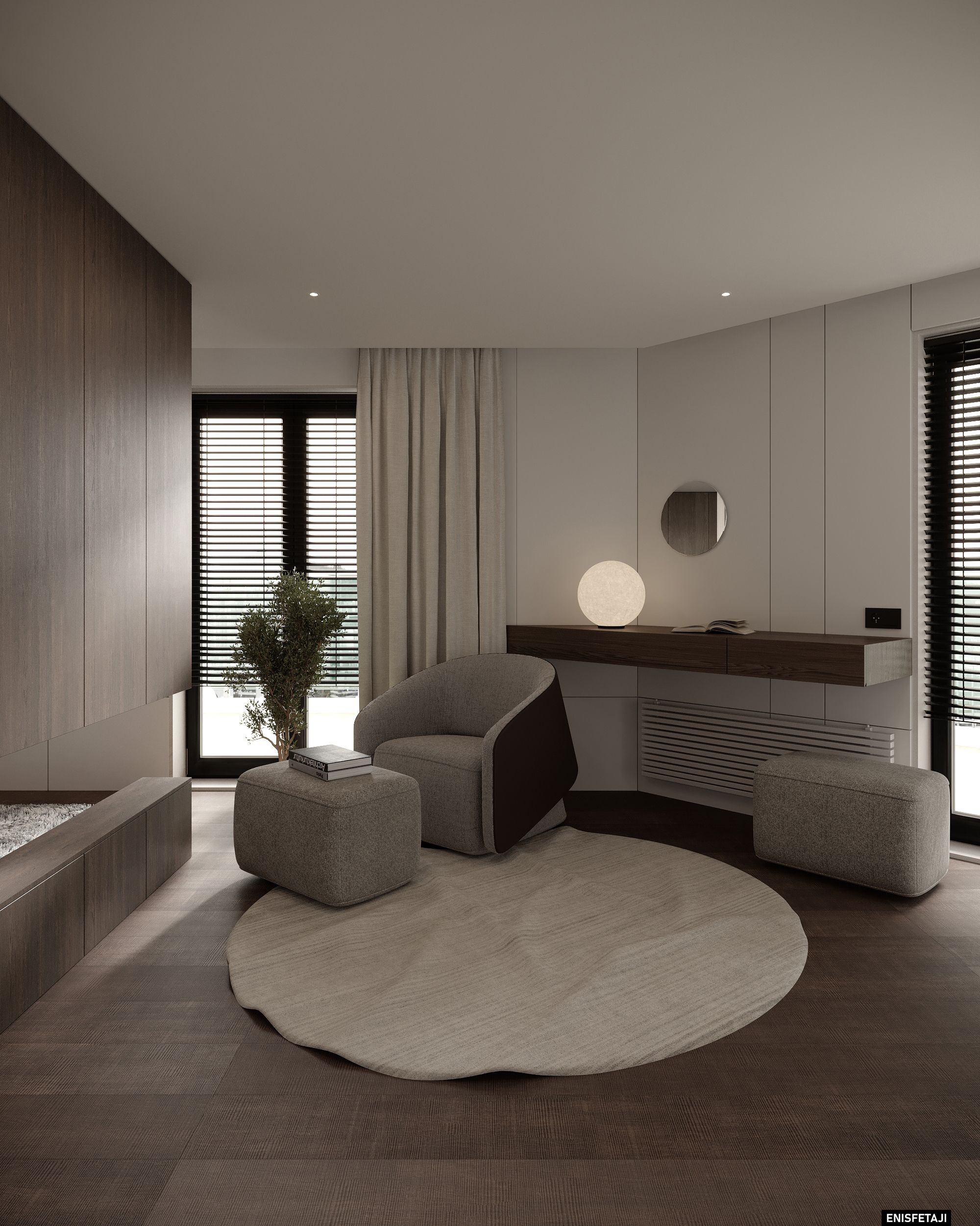 Bedroom seating corner with armchair and round rug, house in Aadorf, Switzerland