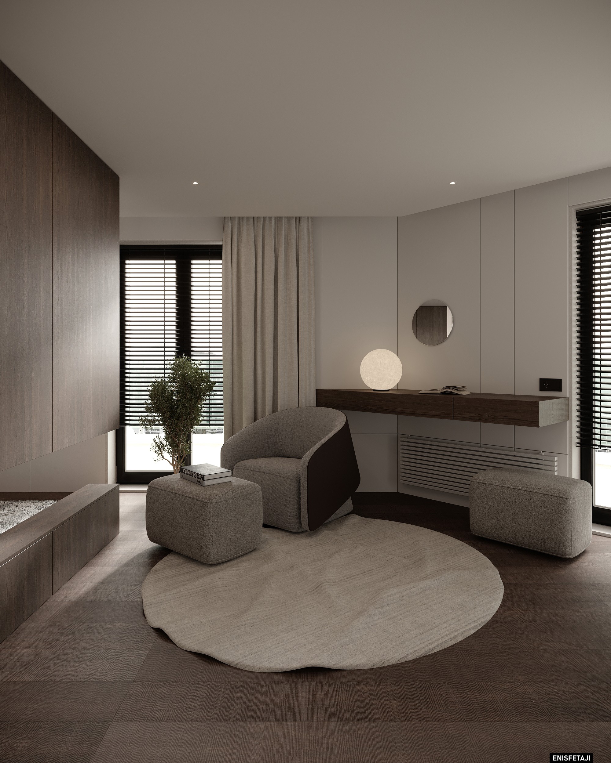 Bedroom seating corner with armchair and round rug, house in Aadorf, Switzerland