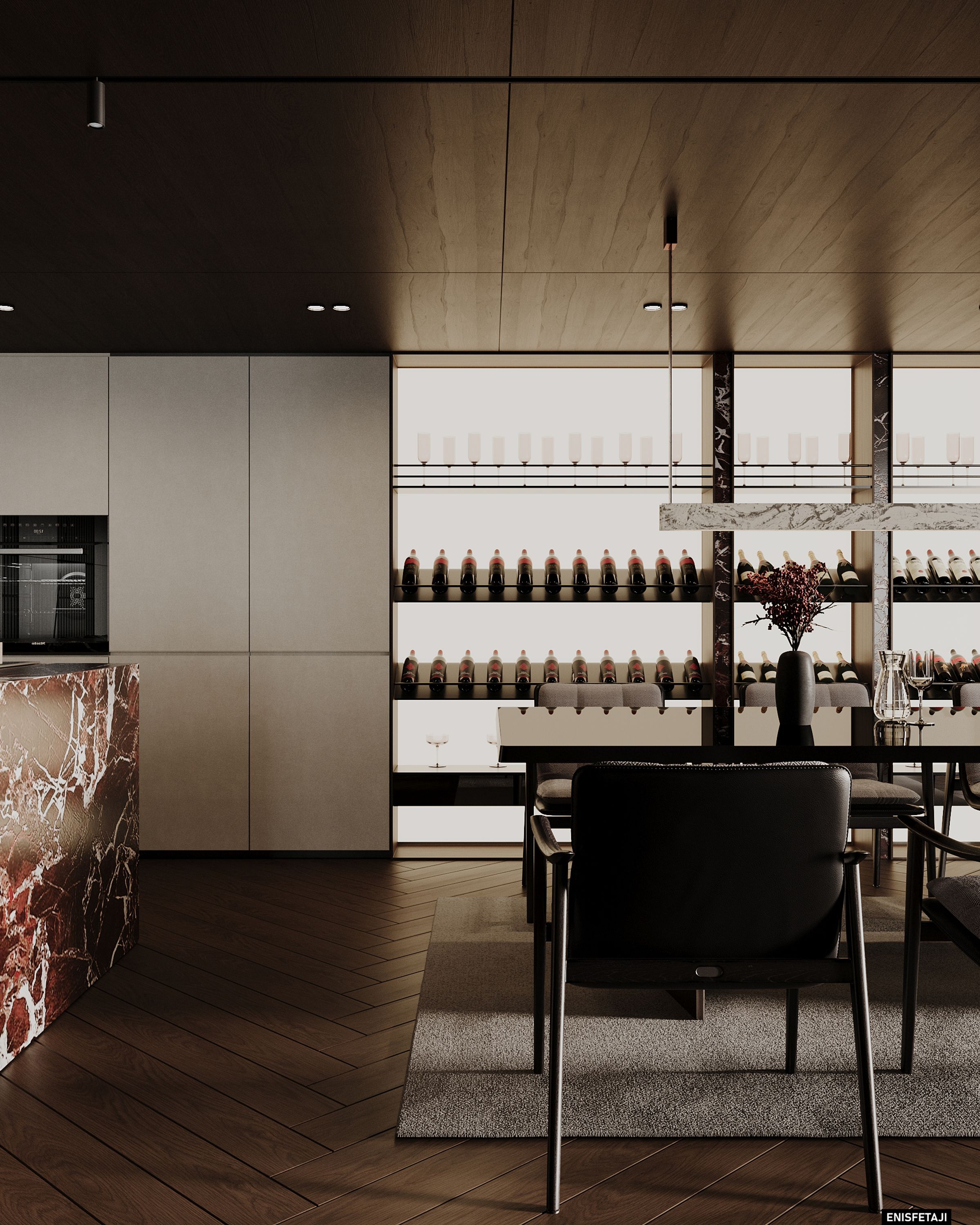 Kitchen and dining area with wine wall and red marble island, residence in Prilep