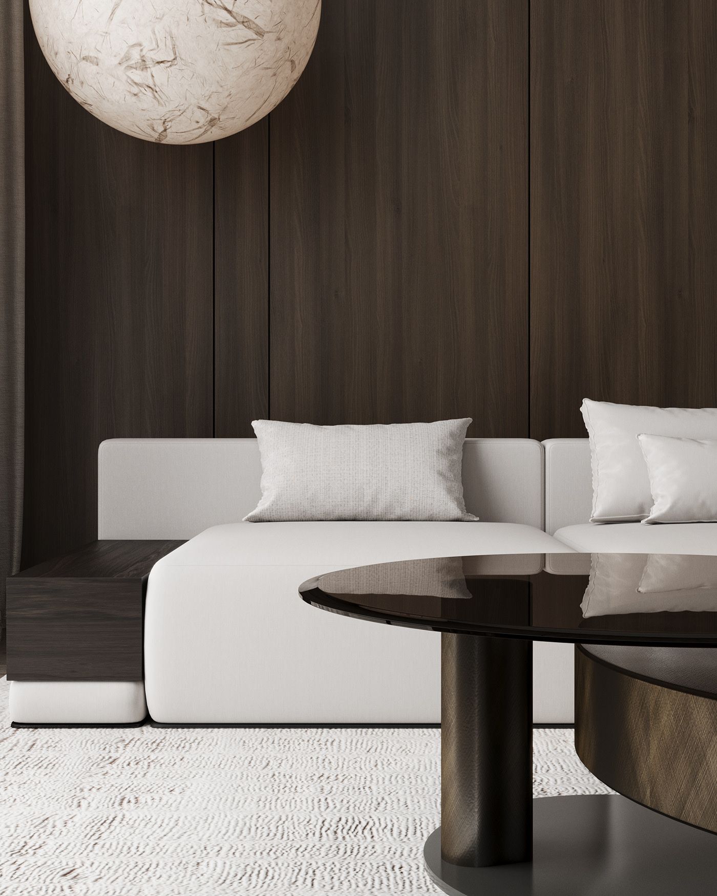 White modular sofa and bronze coffee table, apartment in Skopje