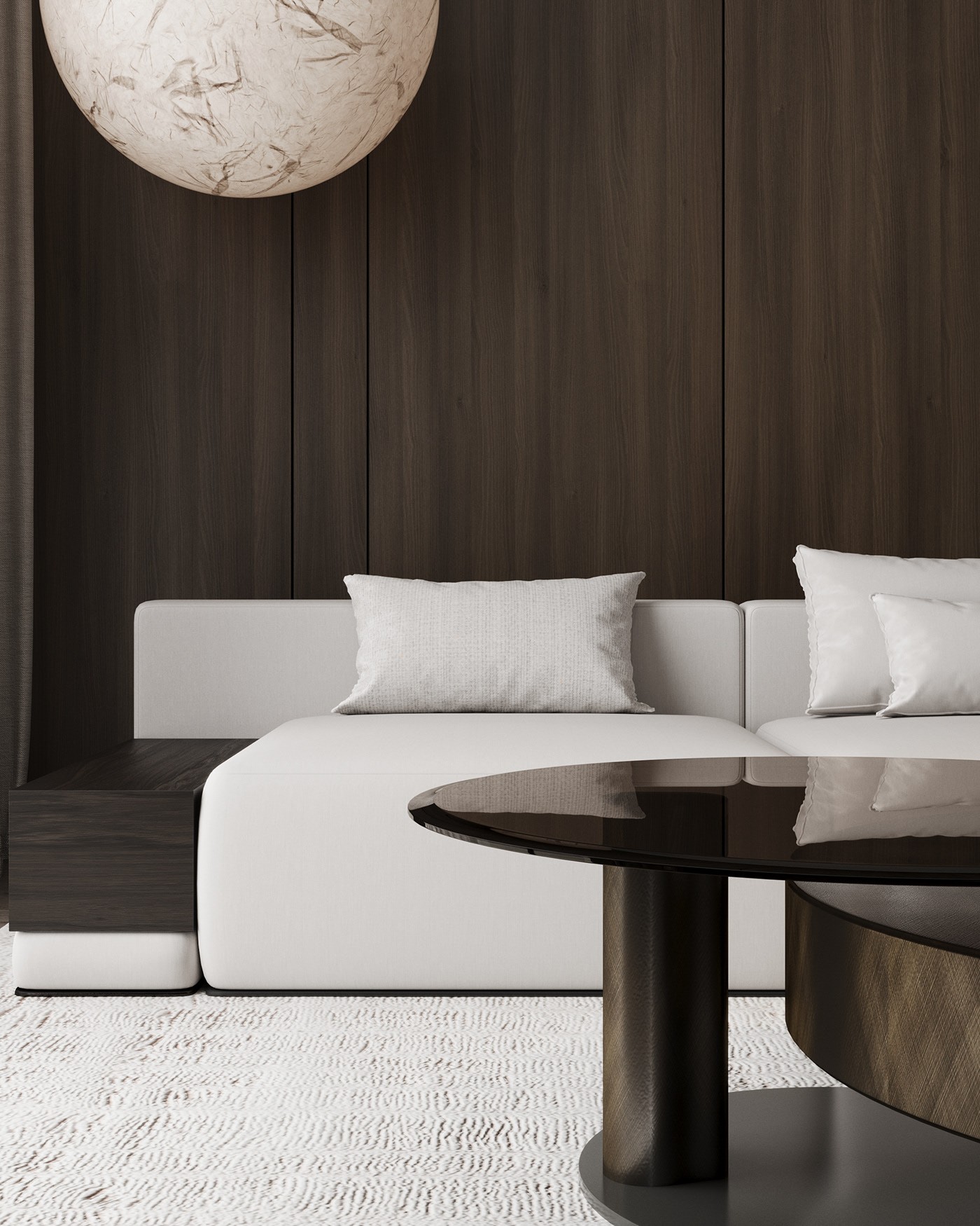 White modular sofa and bronze coffee table, apartment in Skopje