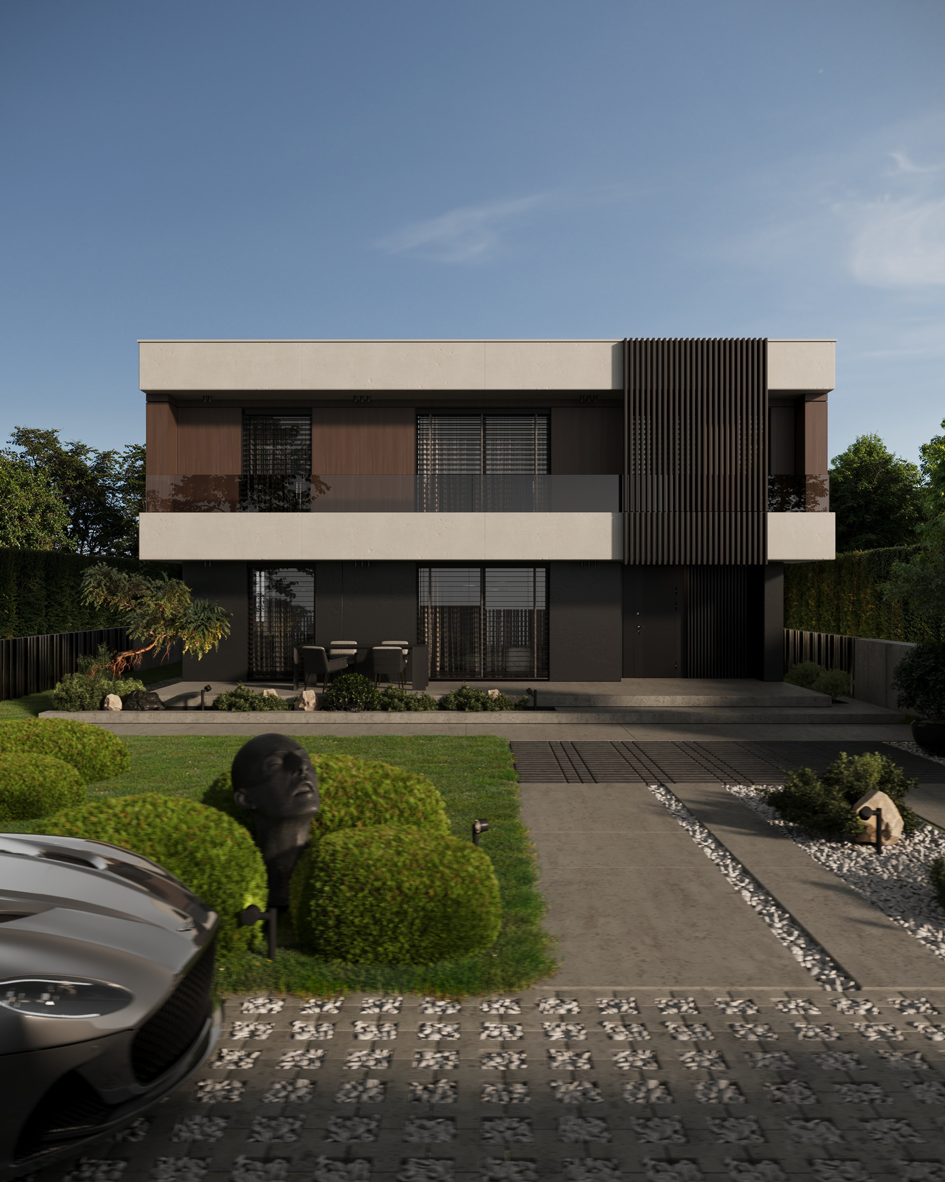 Renovated two-story house with dark wood and beige facade, B House in Gostivar
