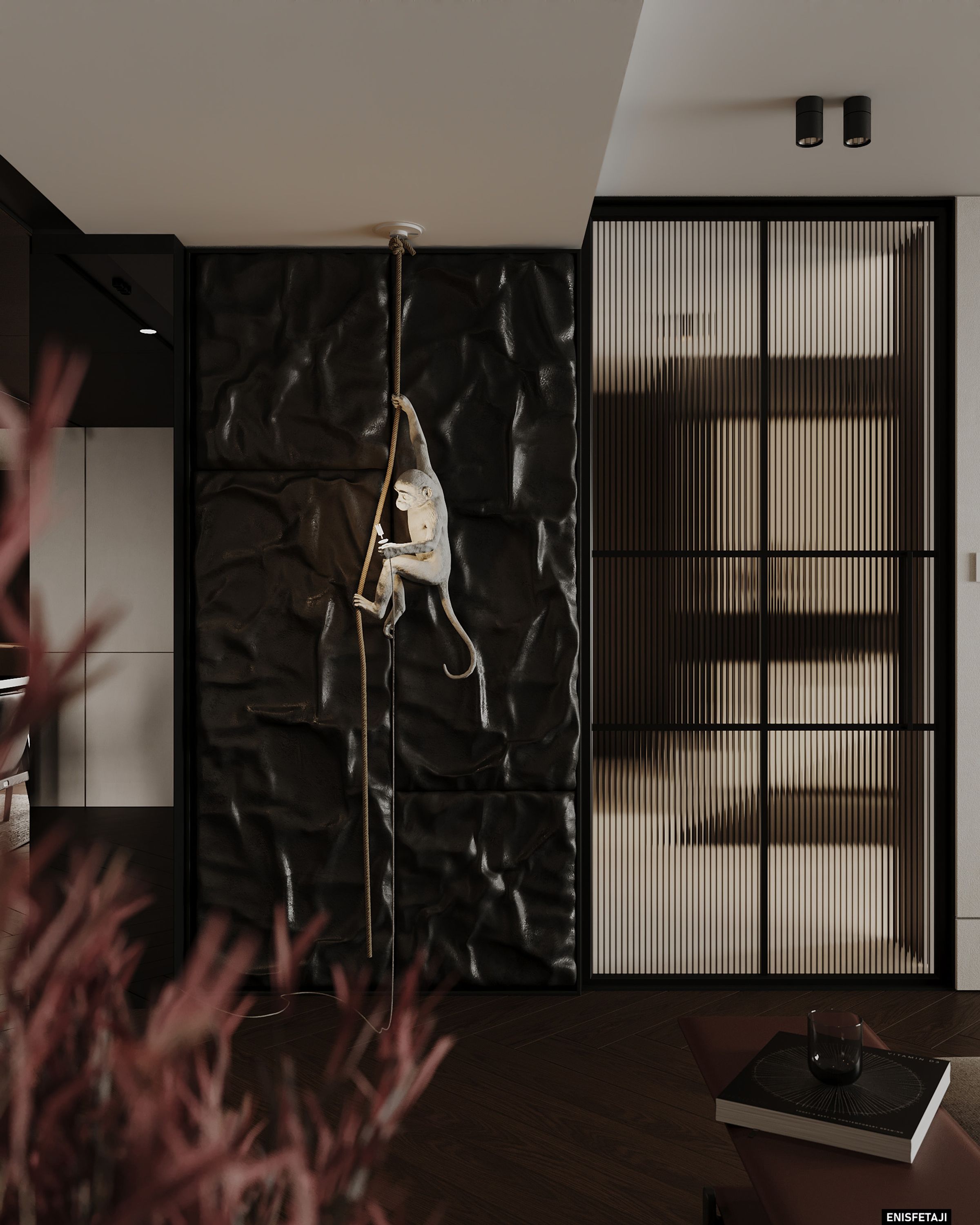 Black textured wall with monkey lamp and glass door, residence in Prilep