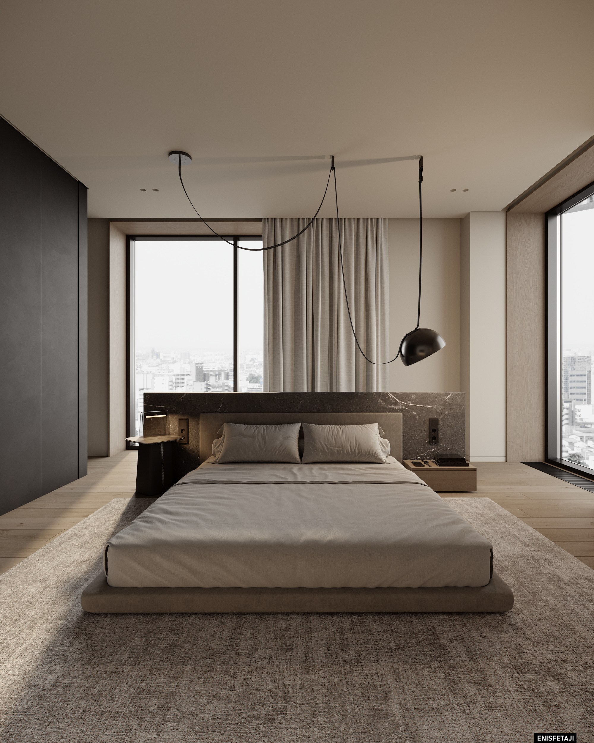 Bedroom with low bed, large windows and black pendant lamp, apartment GV75 in Gostivar
