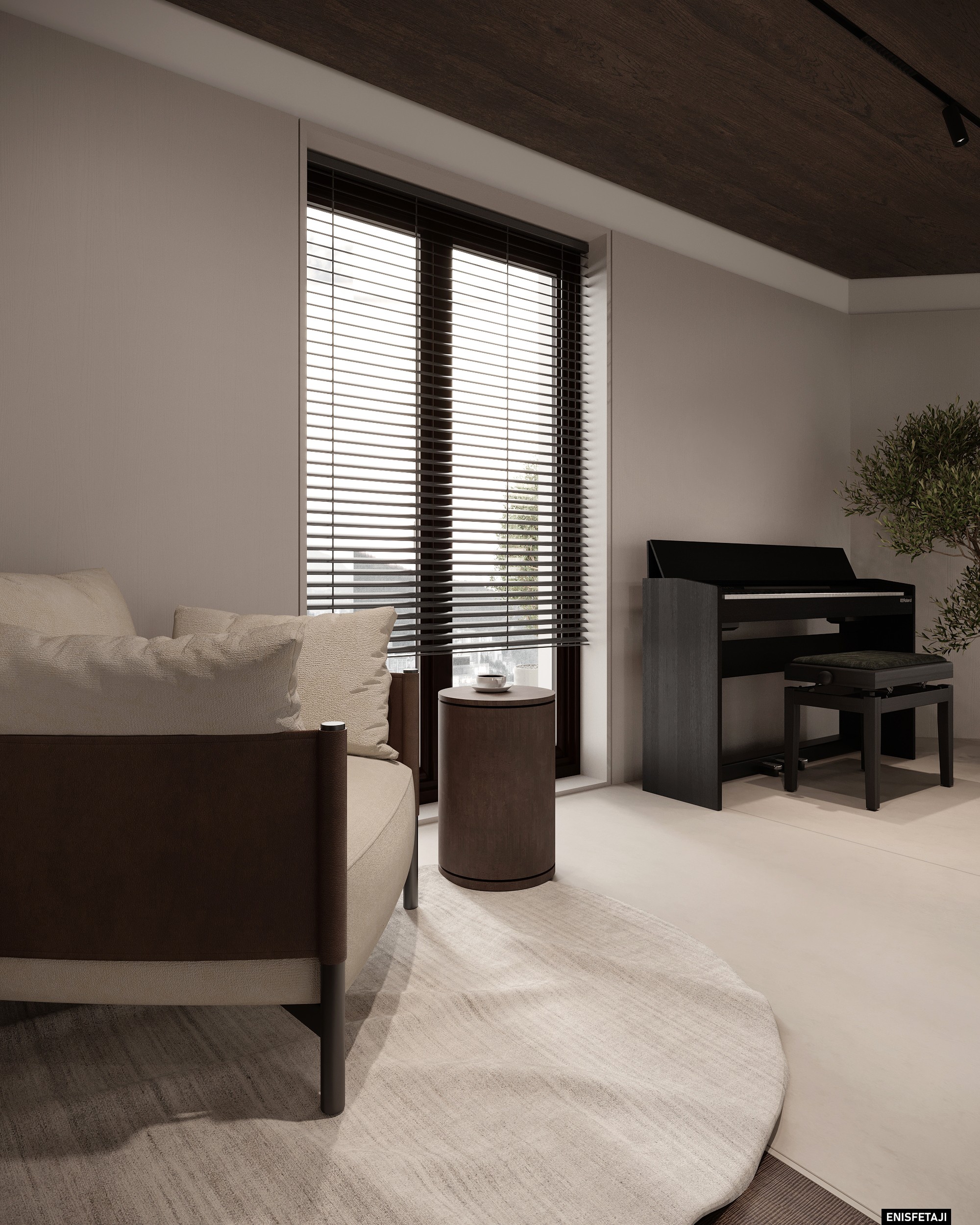 Reading corner with armchair and black piano, house in Aadorf, Switzerland