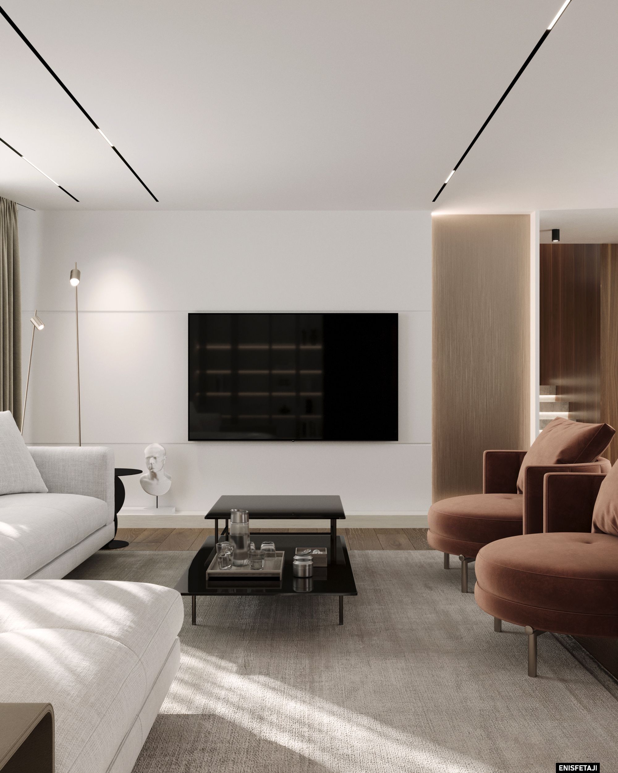 Living room with TV wall and round velvet armchairs, residence in Goldach, Switzerland