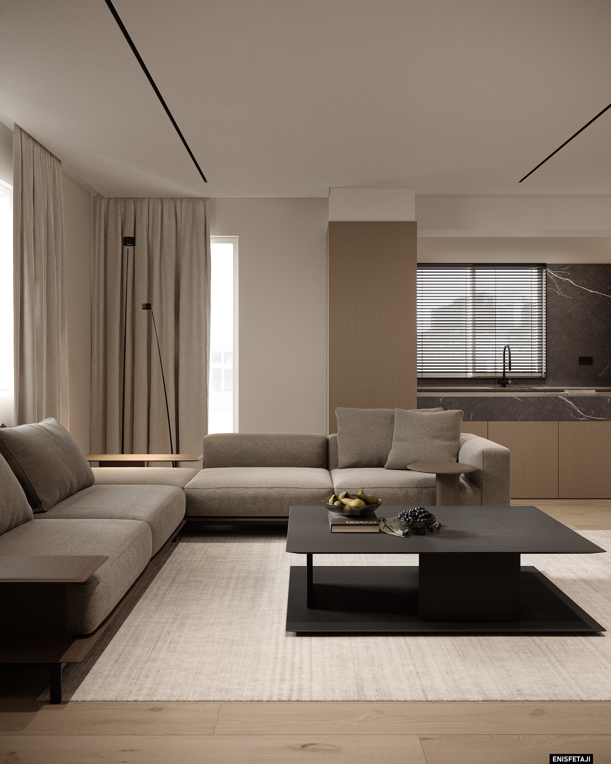 Beige living room with corner sofa and black coffee table, apartment GV75 in Gostivar