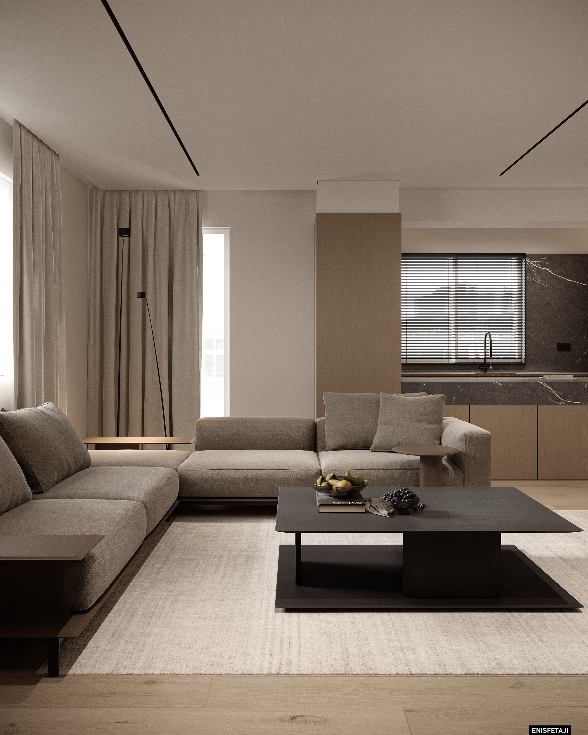 Beige living room with corner sofa and black coffee table, apartment GV75 in Gostivar