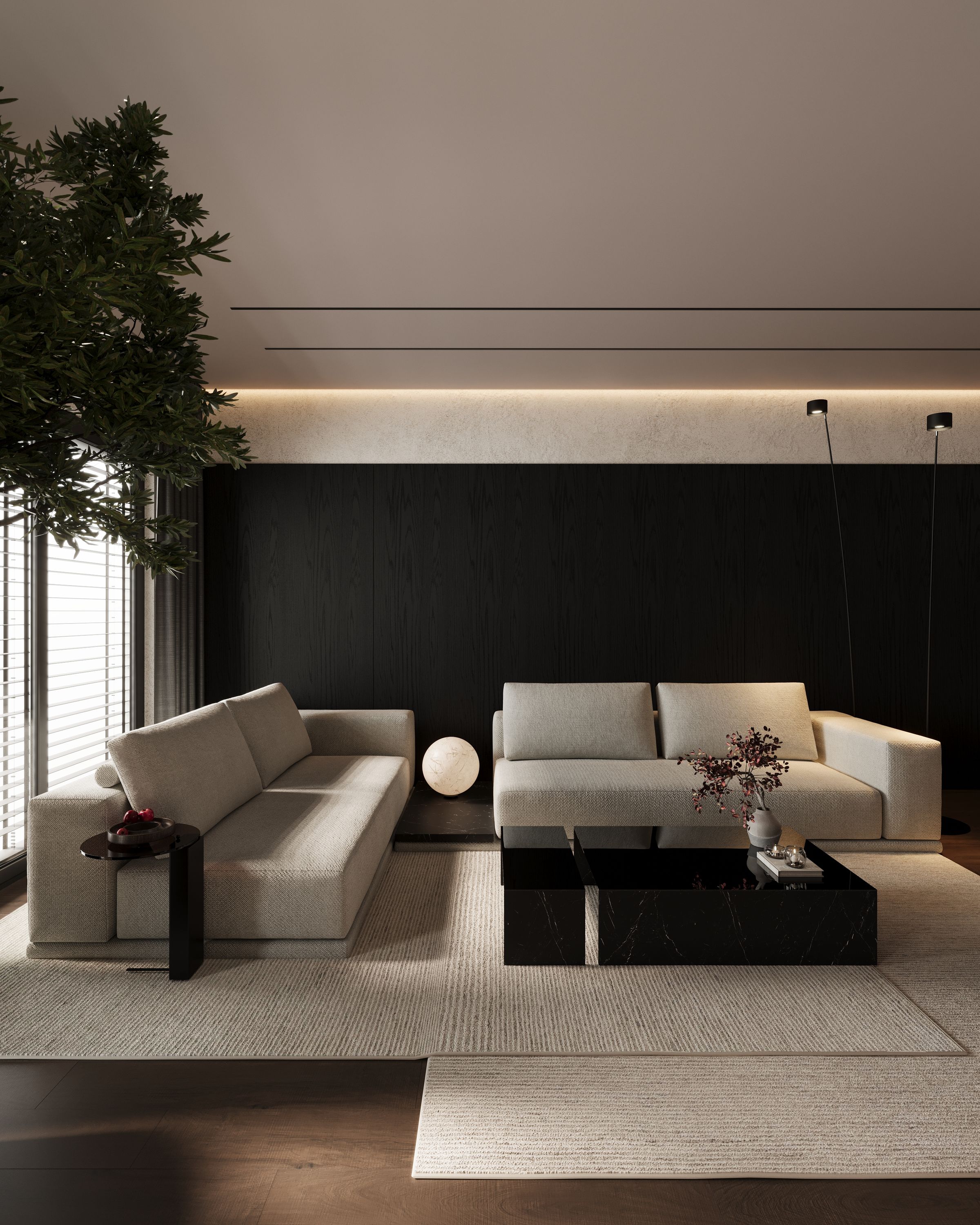 Living room with black wall, beige sofas and marble coffee table, Dark One apartment in Tetovo