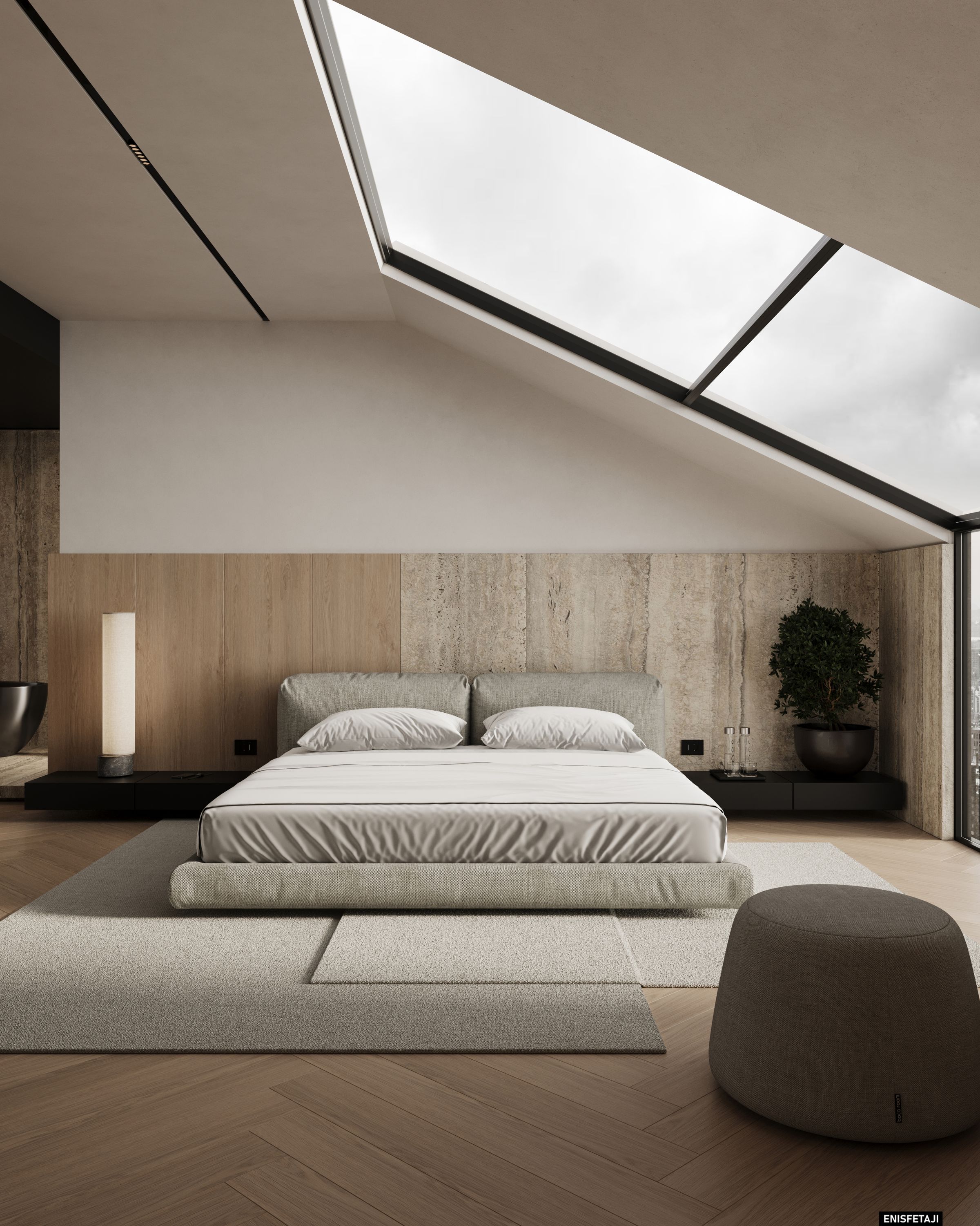 Attic bedroom with skylight and low bed, Cream House in Gostivar