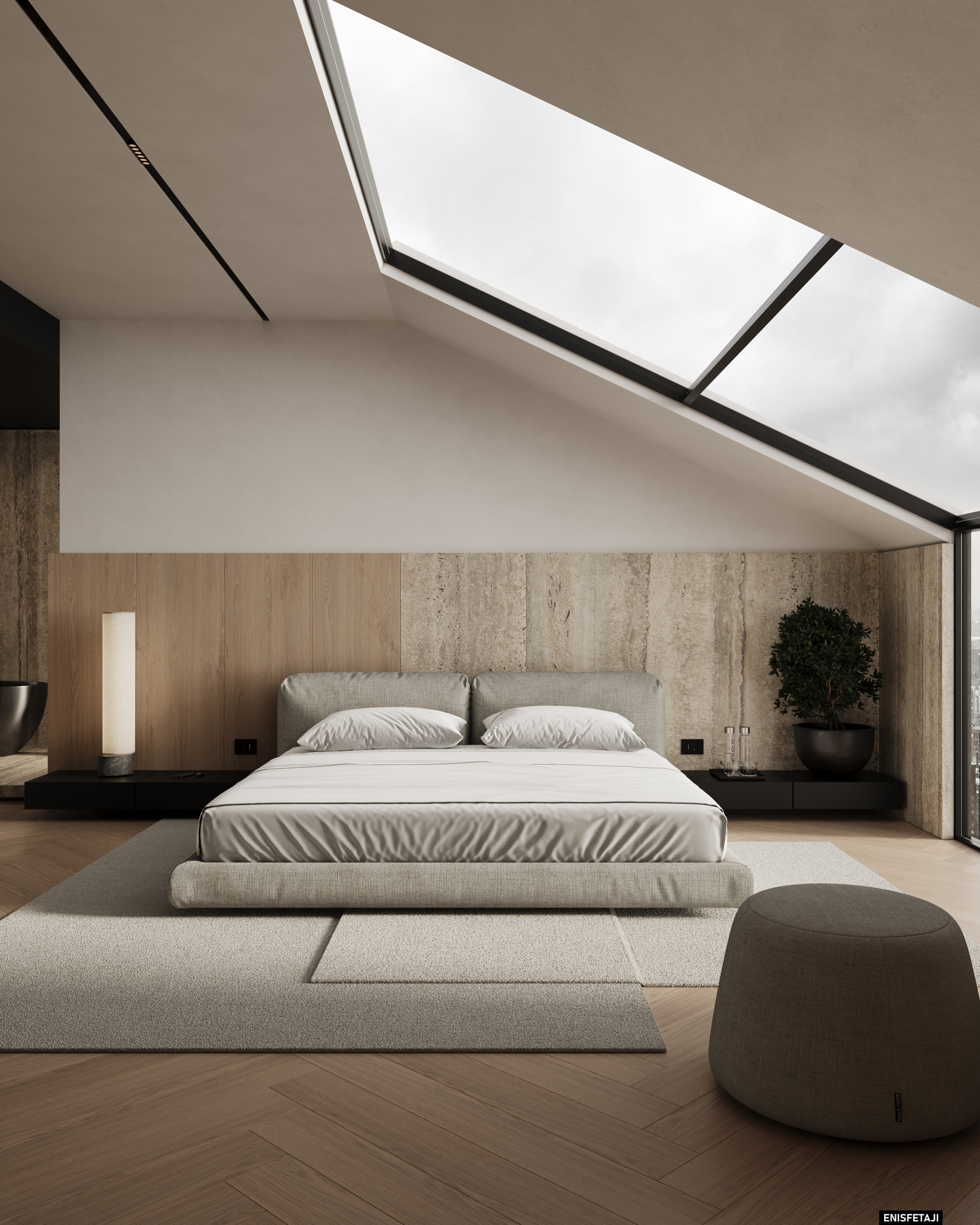 Attic bedroom with skylight and low bed, Cream House in Gostivar