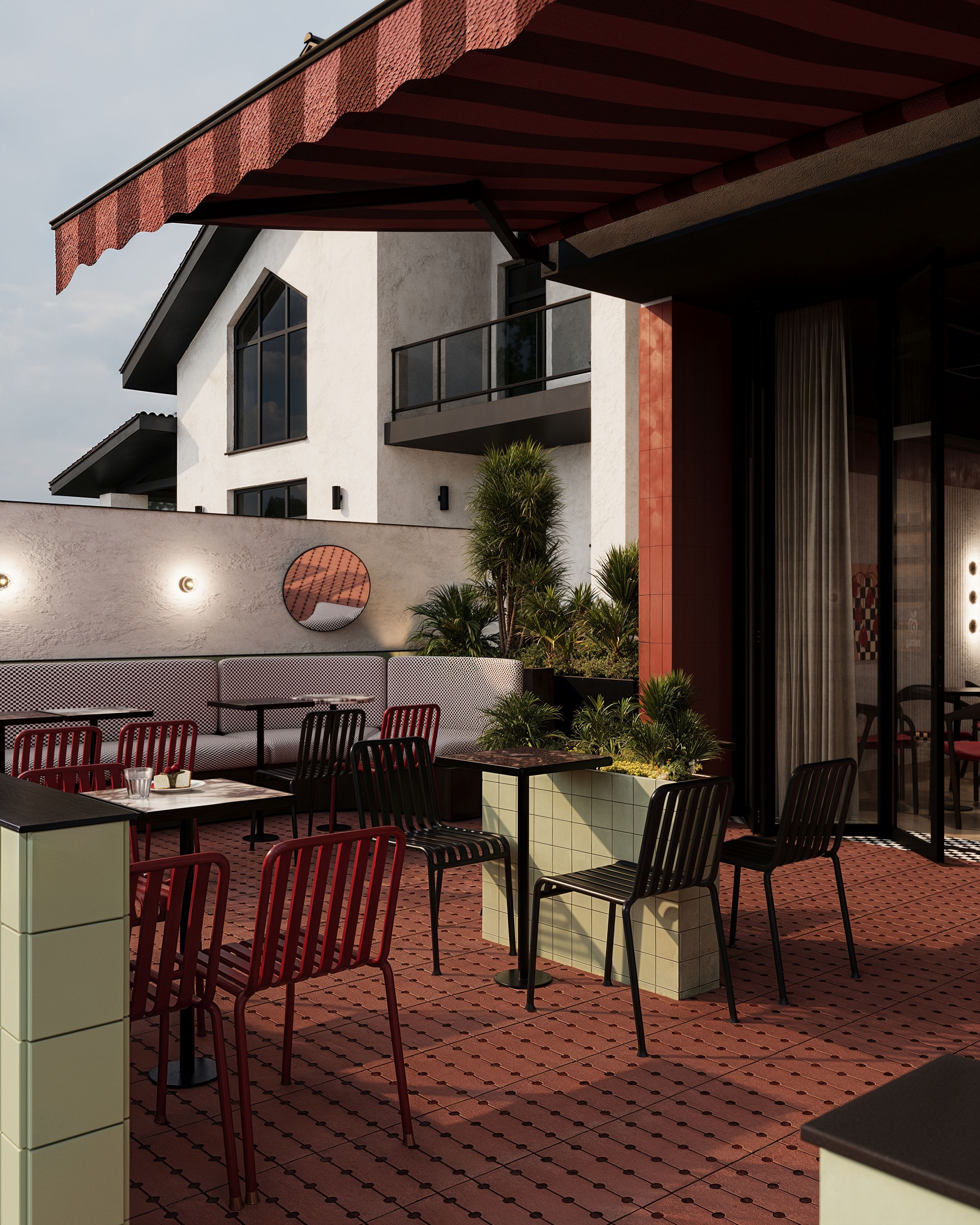 Covered terrace with red and black chairs under a striped awning, Garden Sweetshop in Gostivar