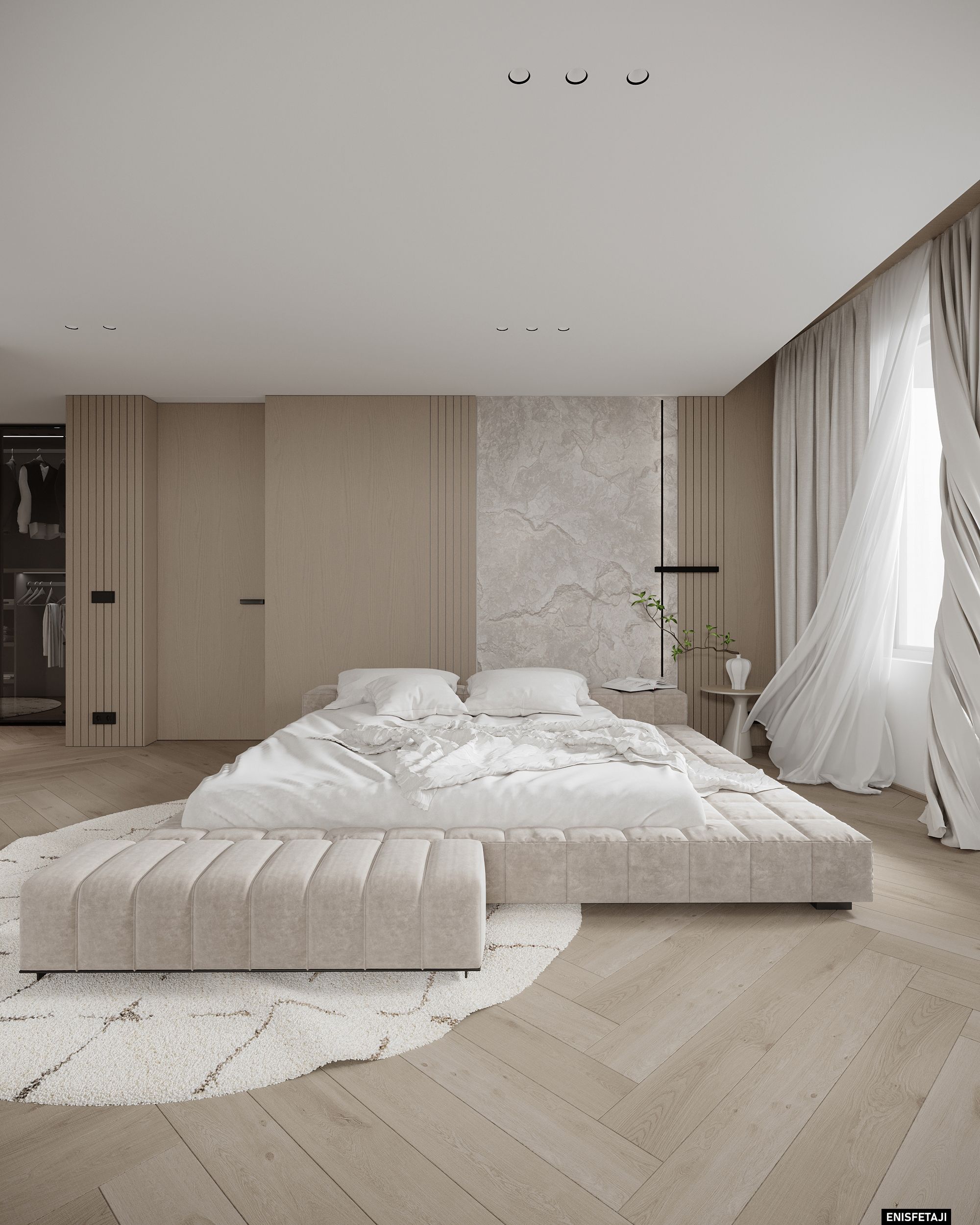 Master bedroom with low upholstered bed and onyx wall, apartment GV22 in Gostivar