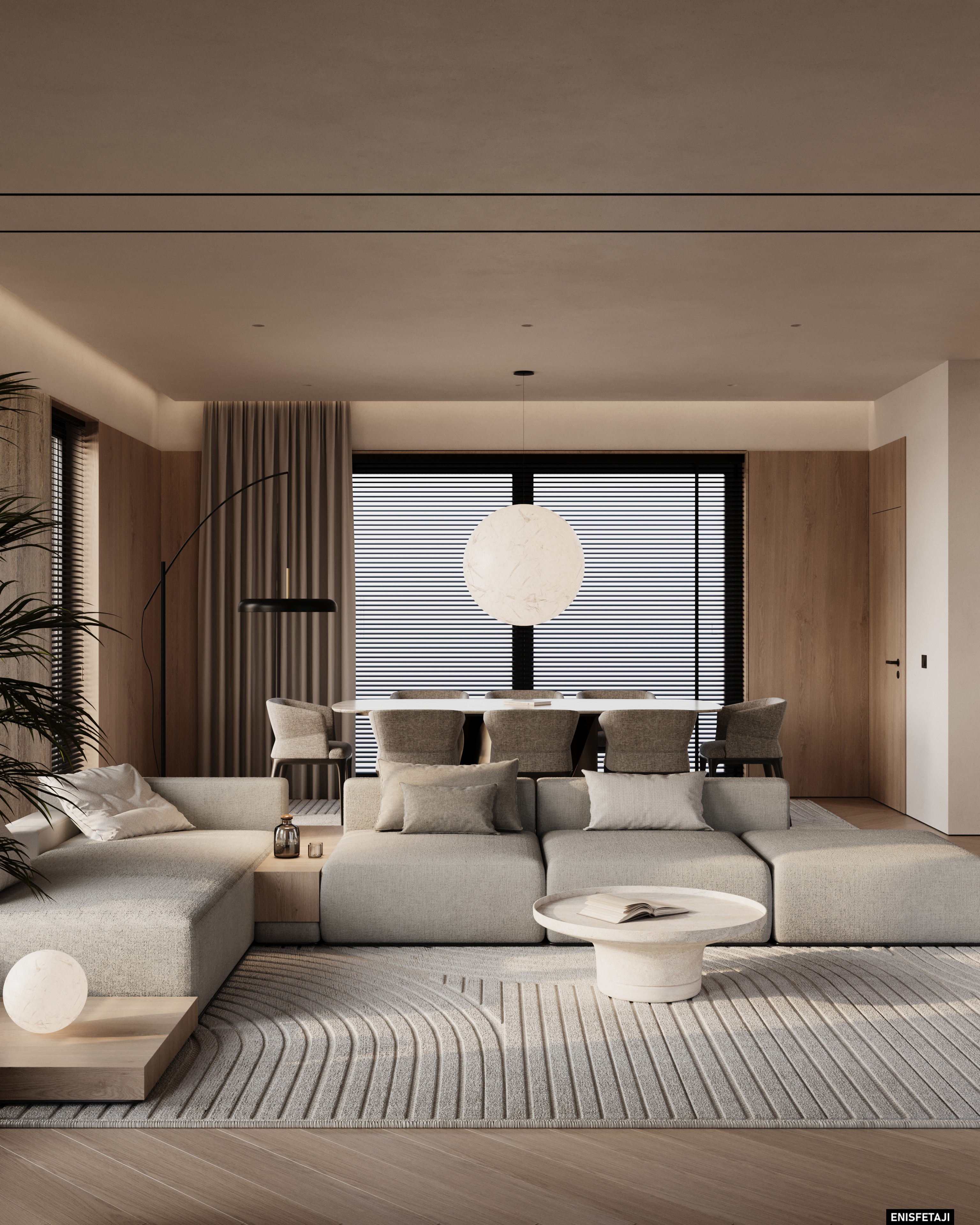 Living room with modular sofa and dining table by the window, Cream House in Gostivar