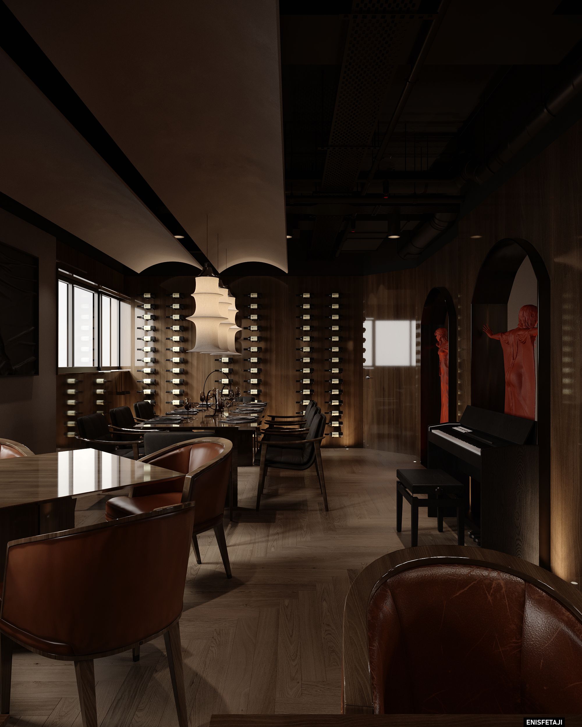 Dining area with leather chairs, piano and wine wall, restaurant in Zurich