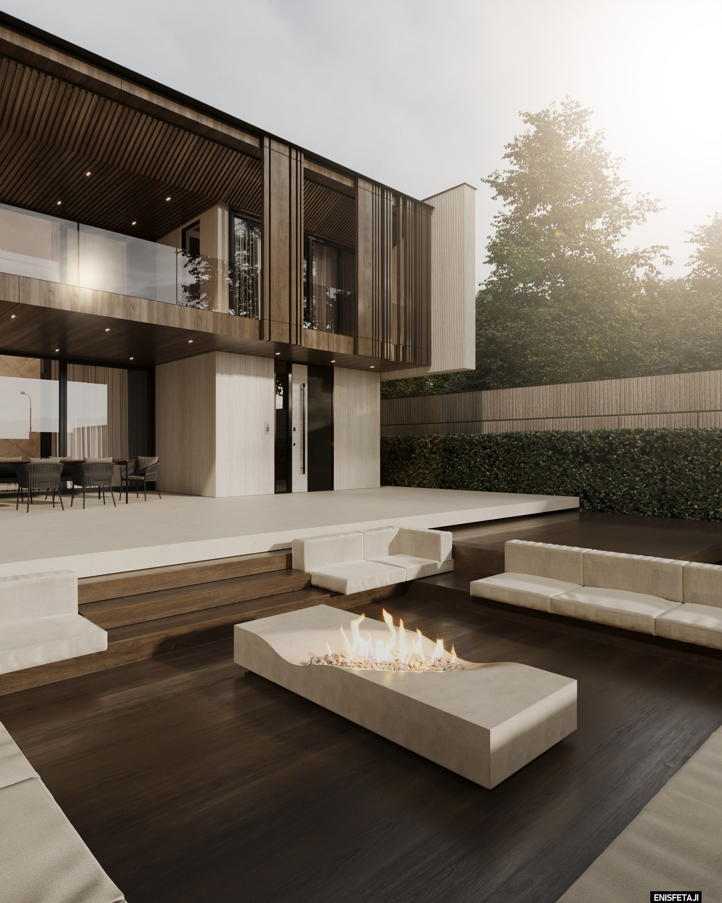 Villa terrace with fire pit and built-in seating, Travertine Villa in Gostivar