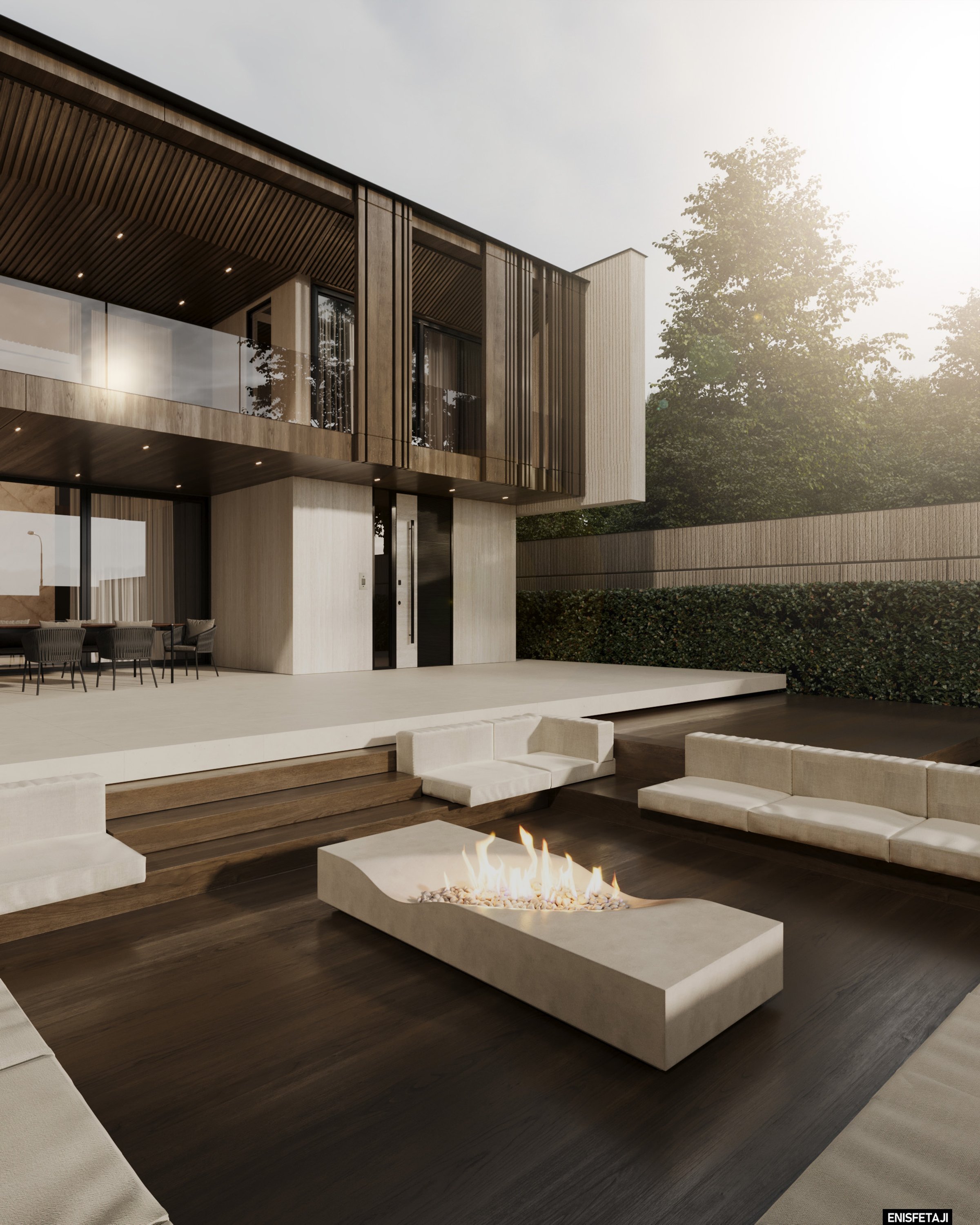 Villa terrace with fire pit and built-in seating, Travertine Villa in Gostivar