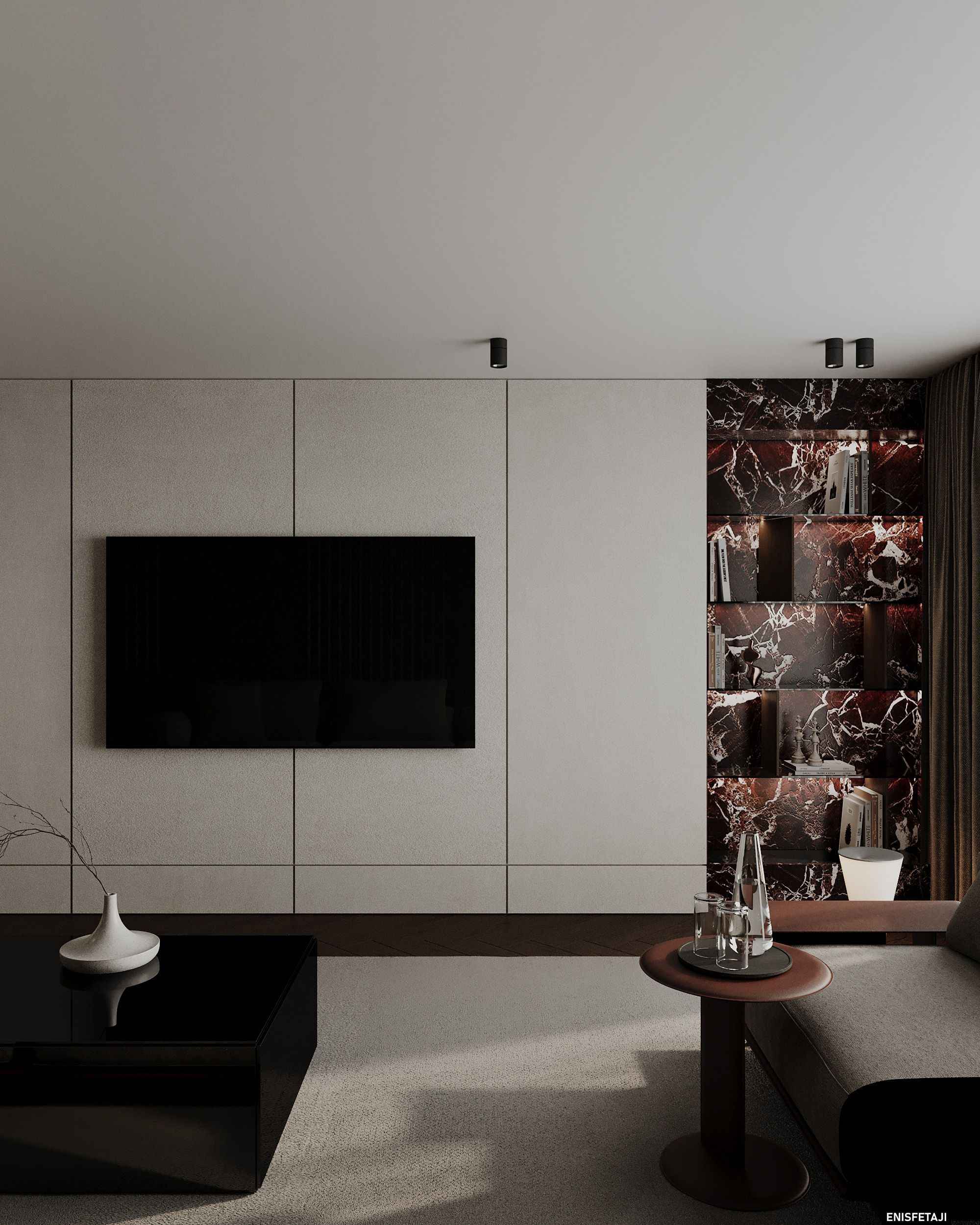 TV wall with red marble shelving niche, residence in Prilep