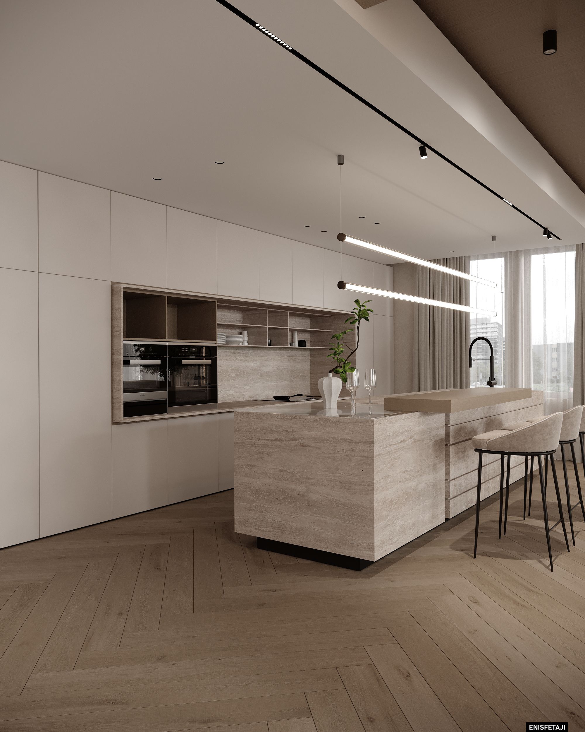 White kitchen with travertine island and built-in ovens, apartment GV22 in Gostivar