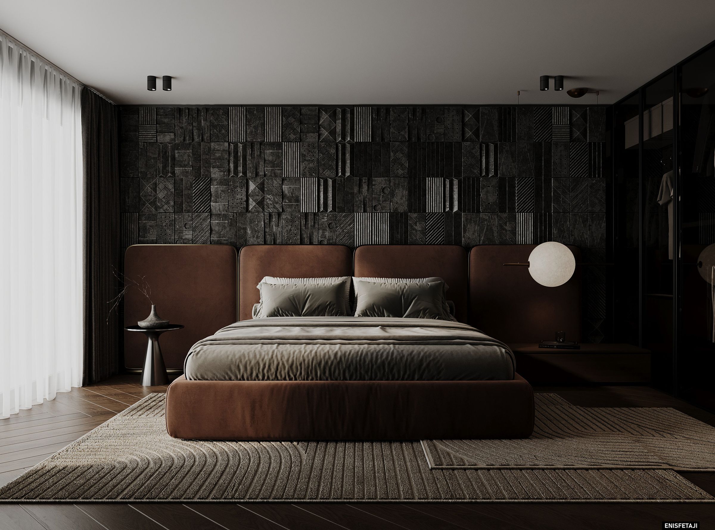 Bedroom with brown upholstered bed and textured stone wall, residence in Prilep