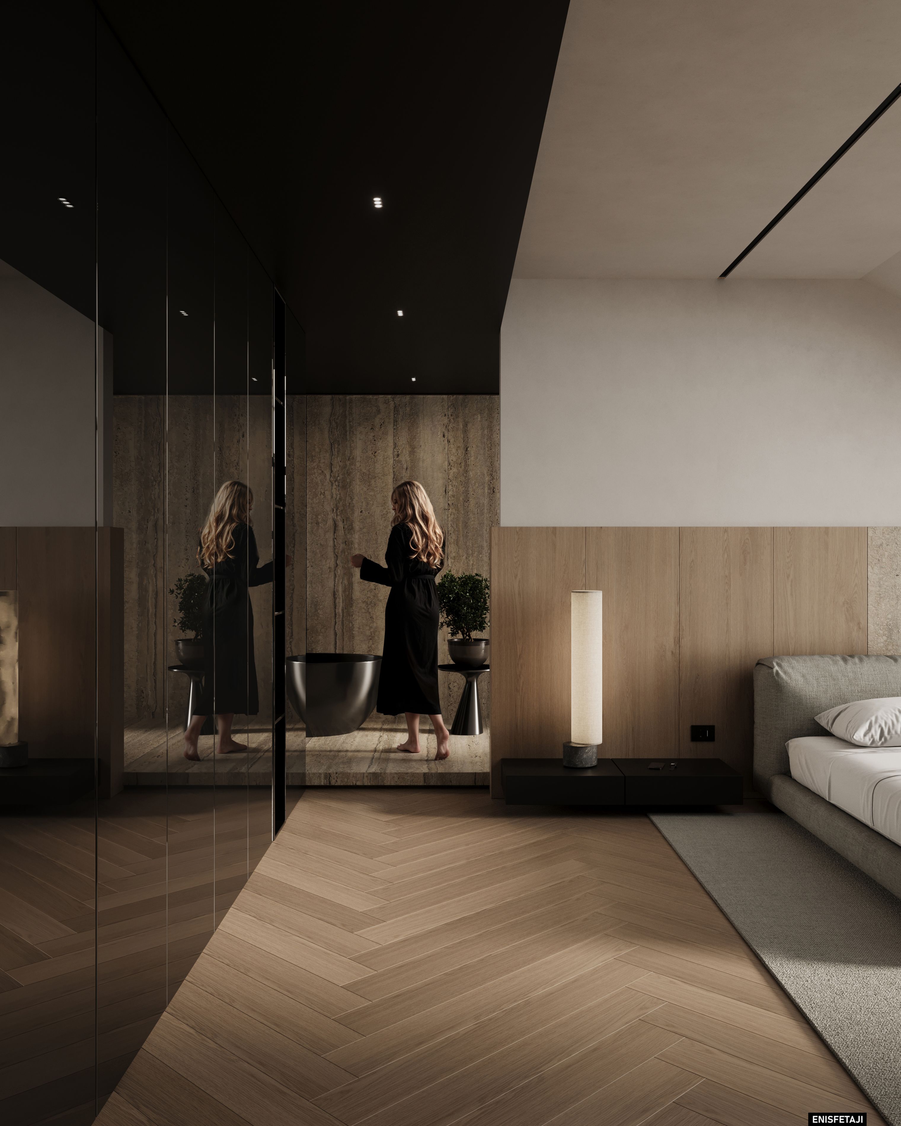 Bedroom with dark glass wardrobe and herringbone floor, Cream House in Gostivar