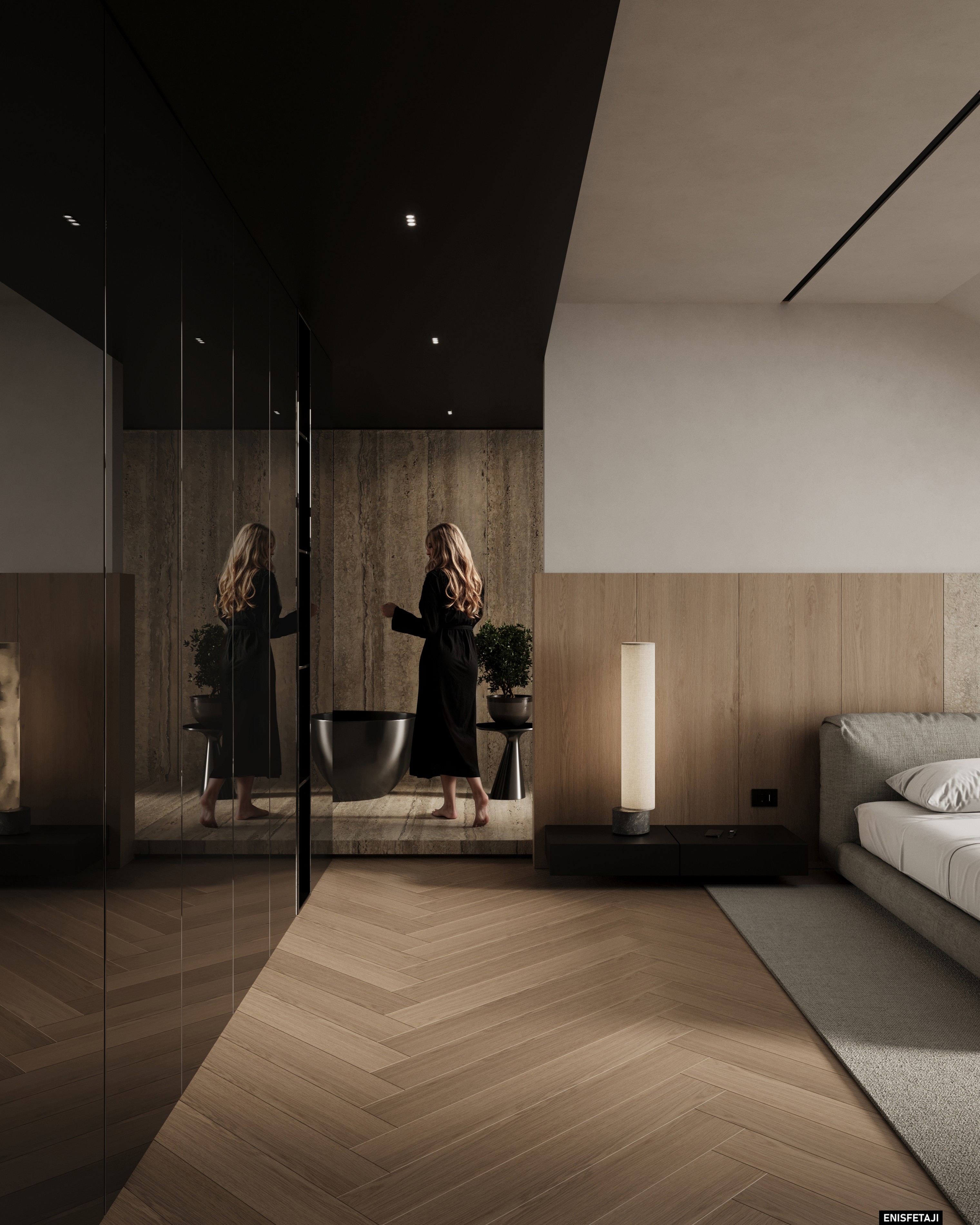 Bedroom with dark glass wardrobe and herringbone floor, Cream House in Gostivar