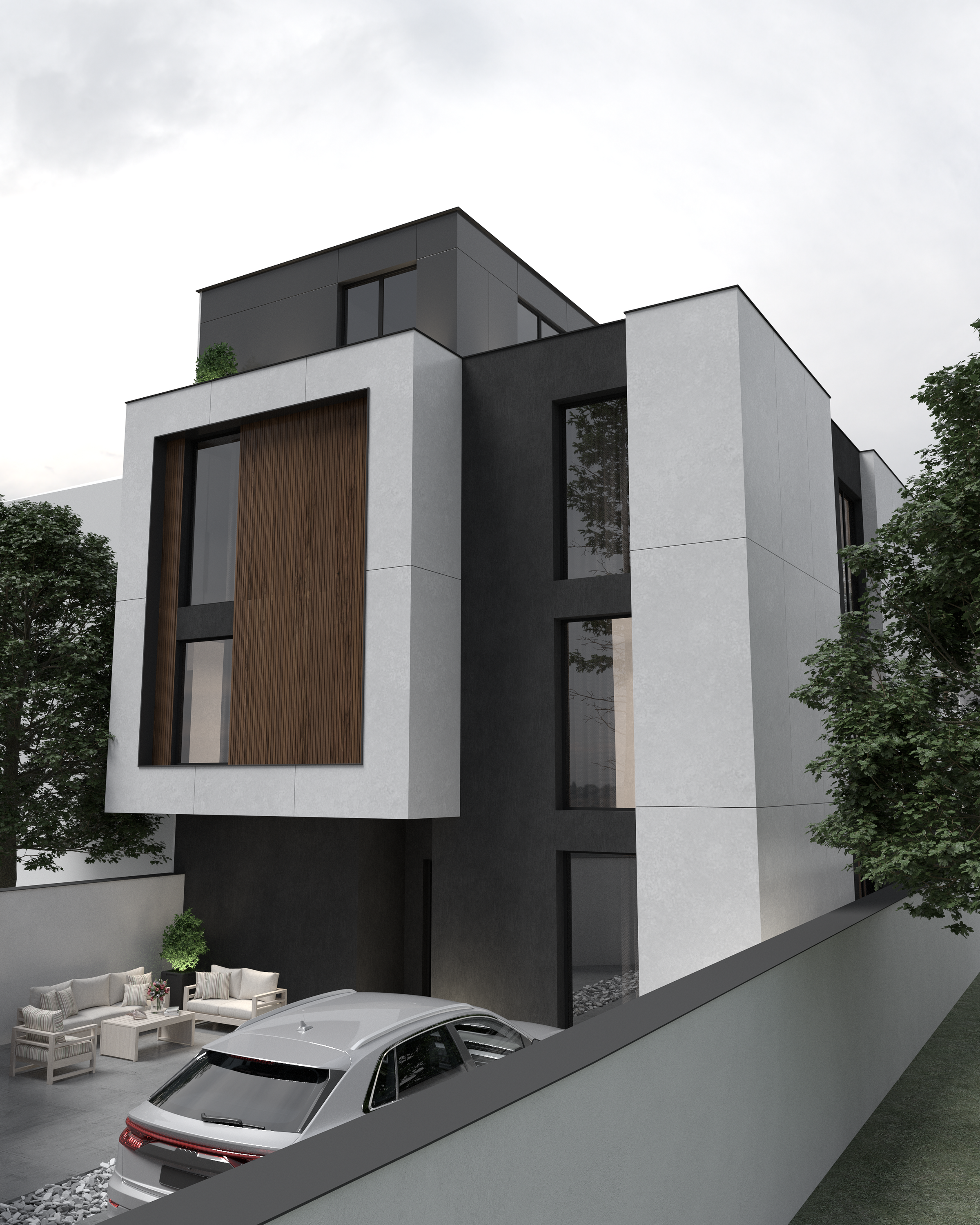 Side view of a modern three-story house with framed wood window, Gostivar